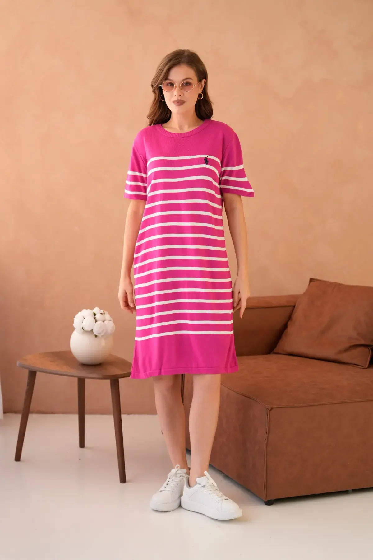 Kadın Bisiklet Yaka Çizgili Maksi Boy Triko Elbise 10029