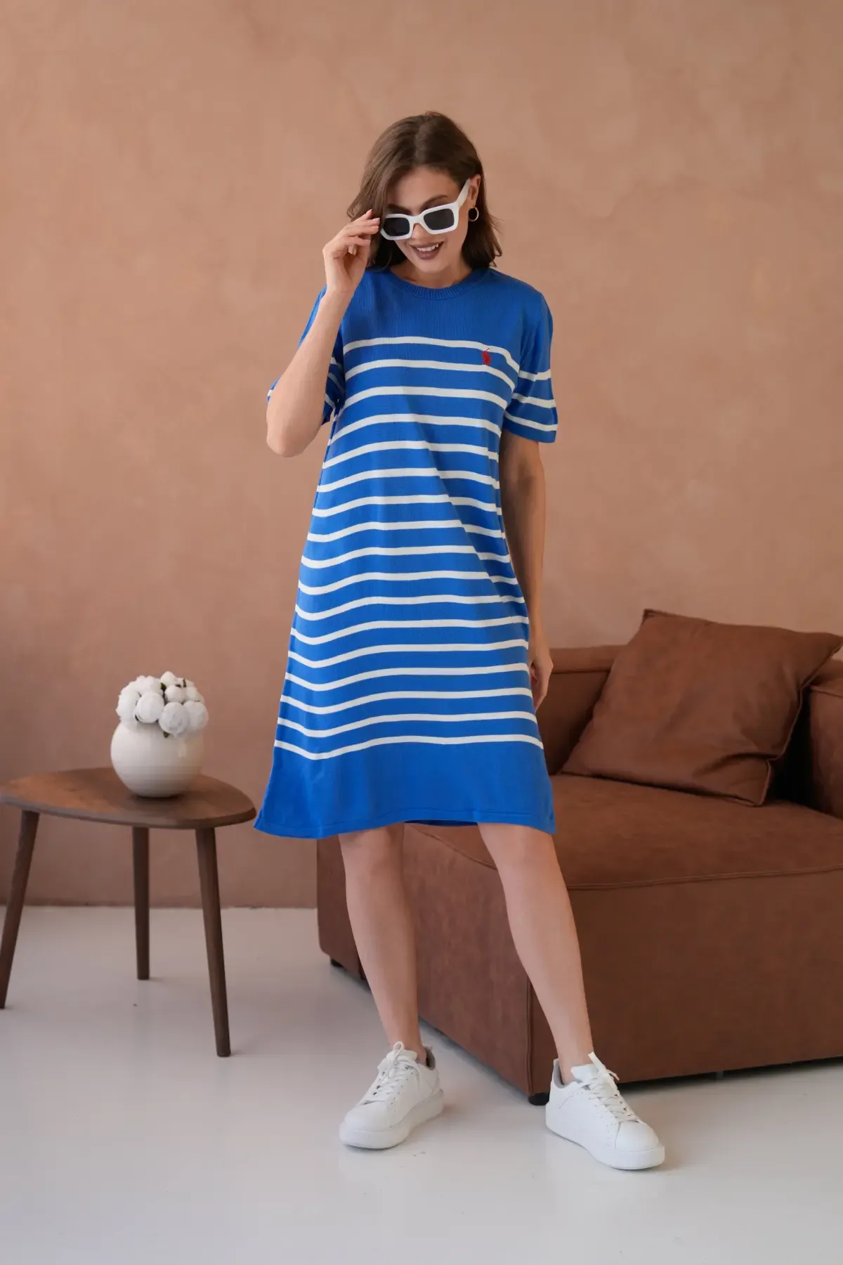 Kadın Bisiklet Yaka Çizgili Maksi Boy Triko Elbise 10029