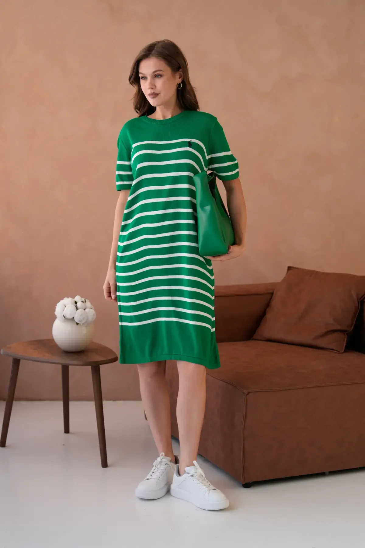 Kadın Bisiklet Yaka Çizgili Maksi Boy Triko Elbise 10029