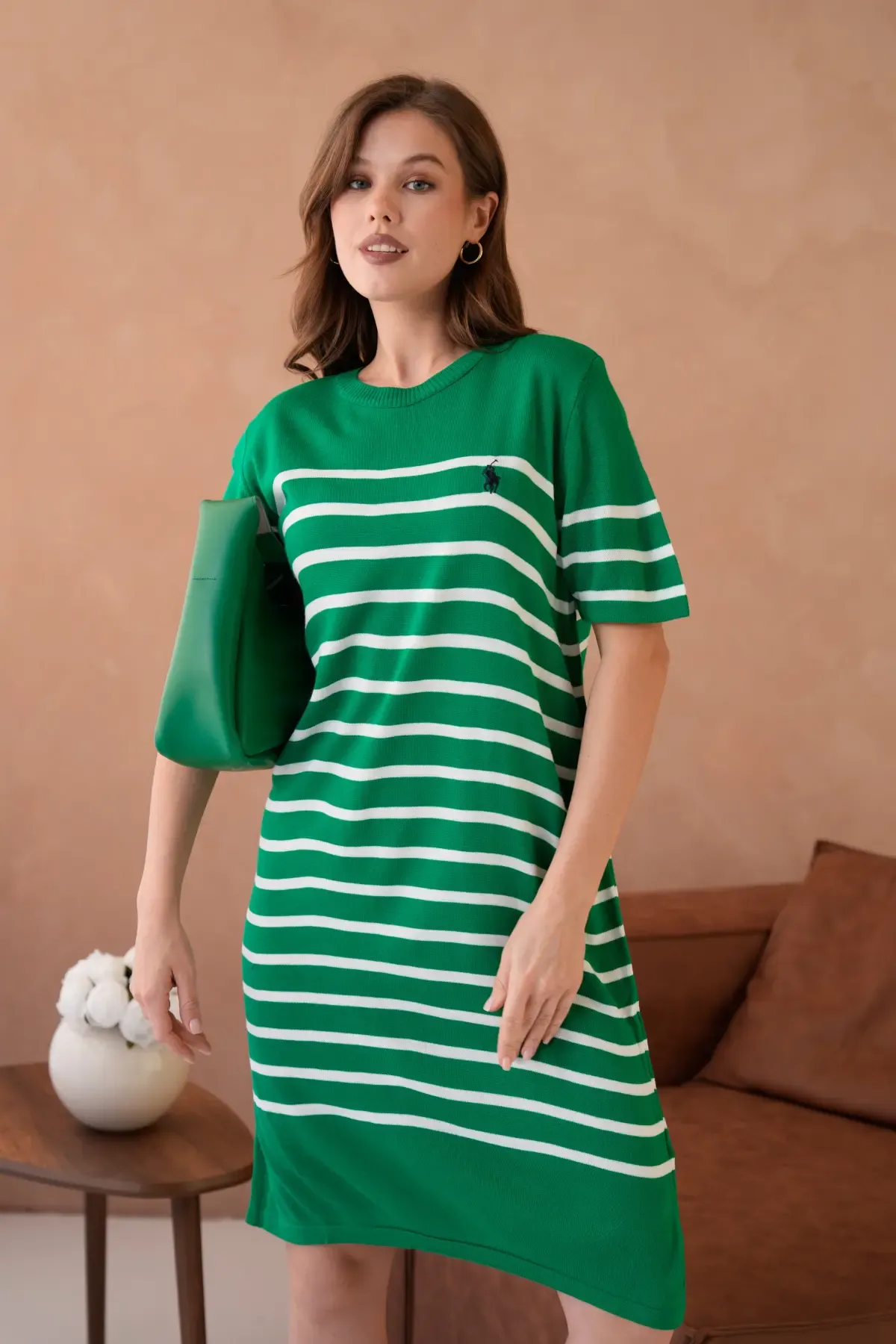 Kadın Bisiklet Yaka Çizgili Maksi Boy Triko Elbise 10029