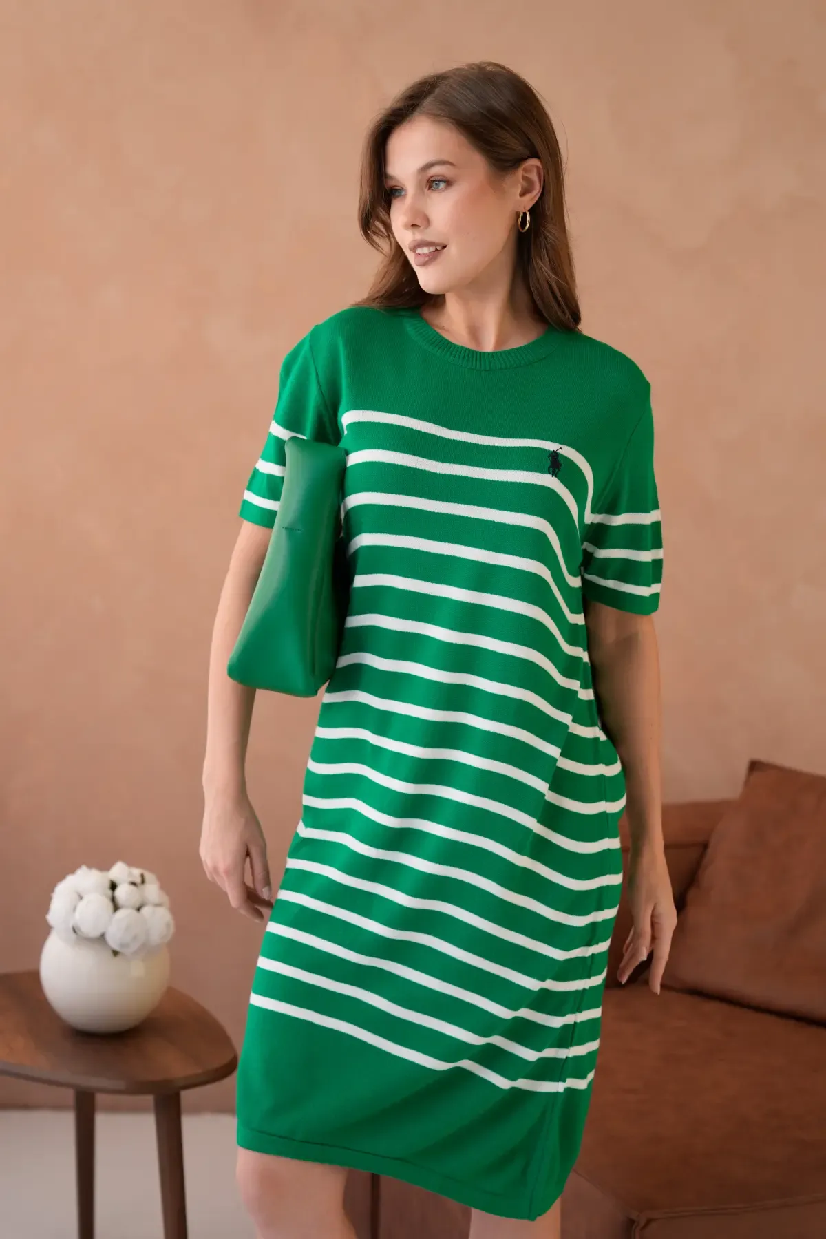 Kadın Bisiklet Yaka Çizgili Maksi Boy Triko Elbise 10029