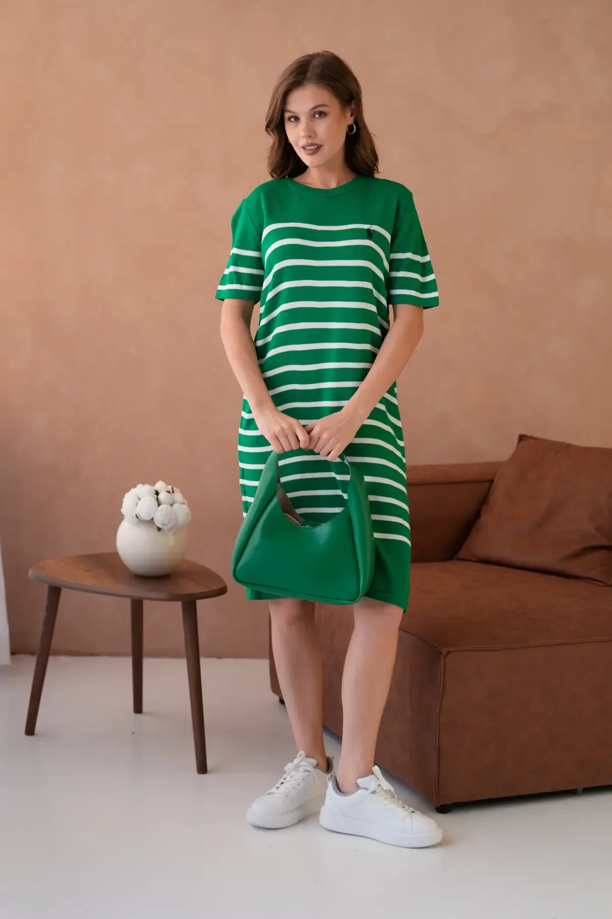 Kadın Bisiklet Yaka Çizgili Maksi Boy Triko Elbise 10029