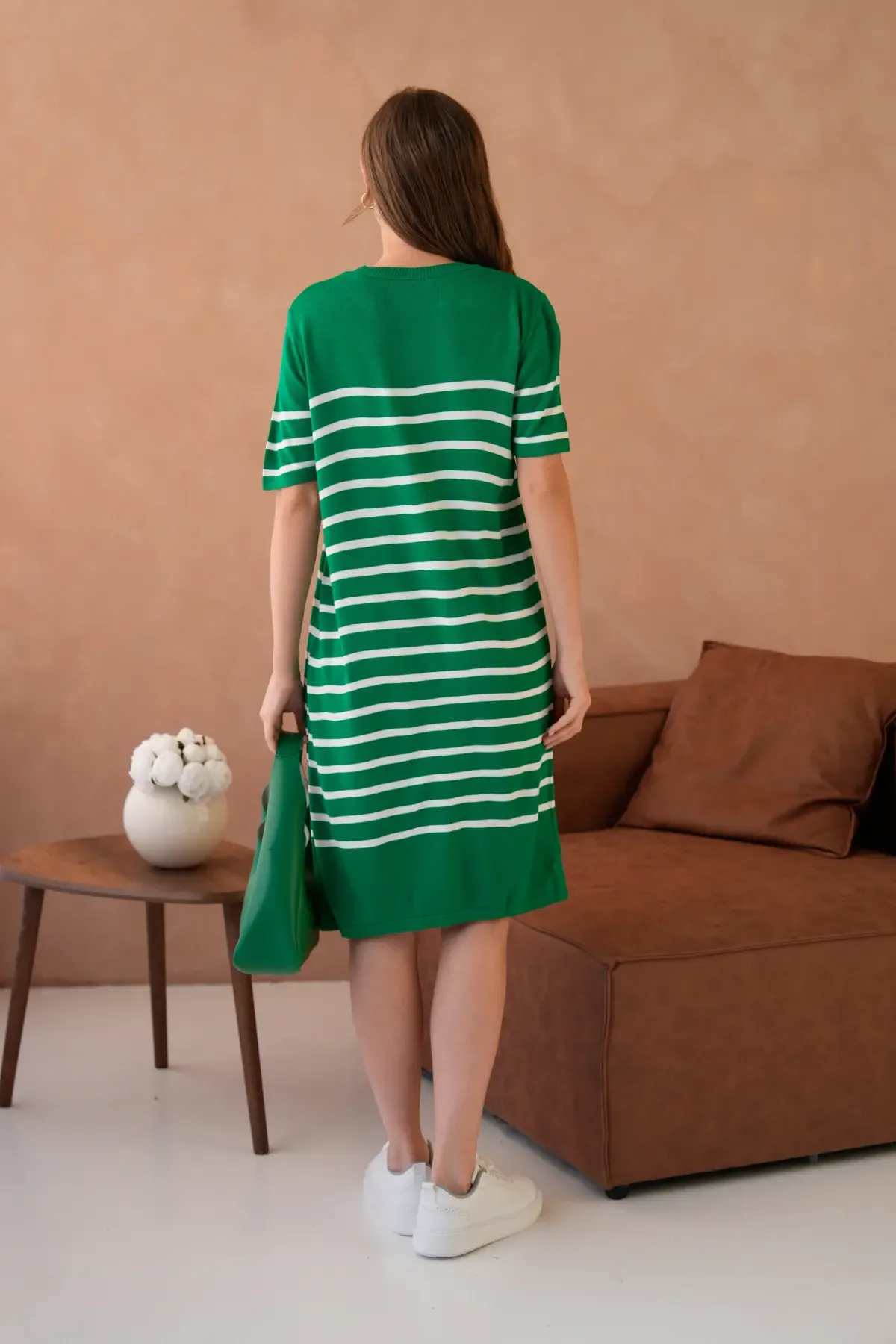 Kadın Bisiklet Yaka Çizgili Maksi Boy Triko Elbise 10029