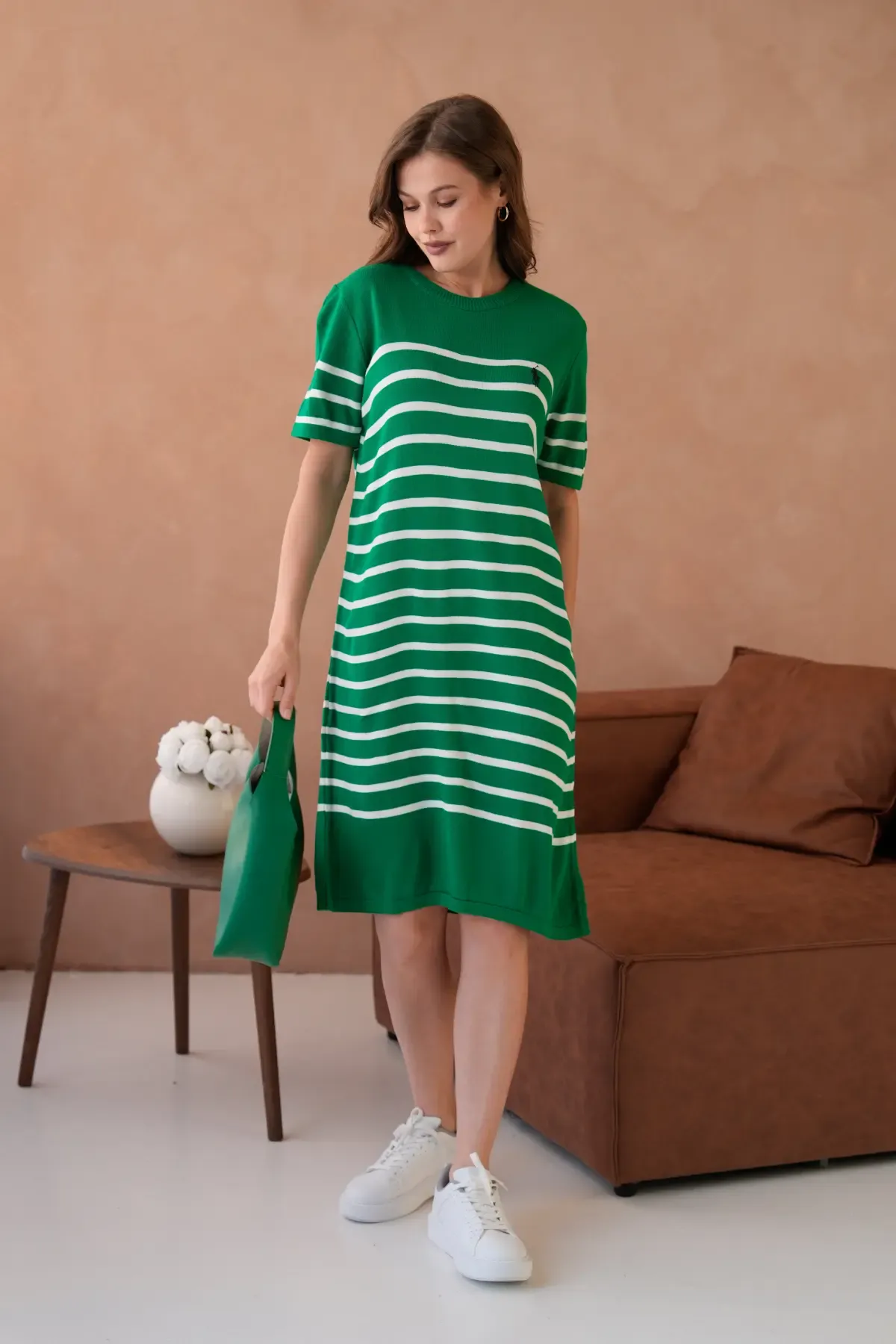 Kadın Bisiklet Yaka Çizgili Maksi Boy Triko Elbise 10029