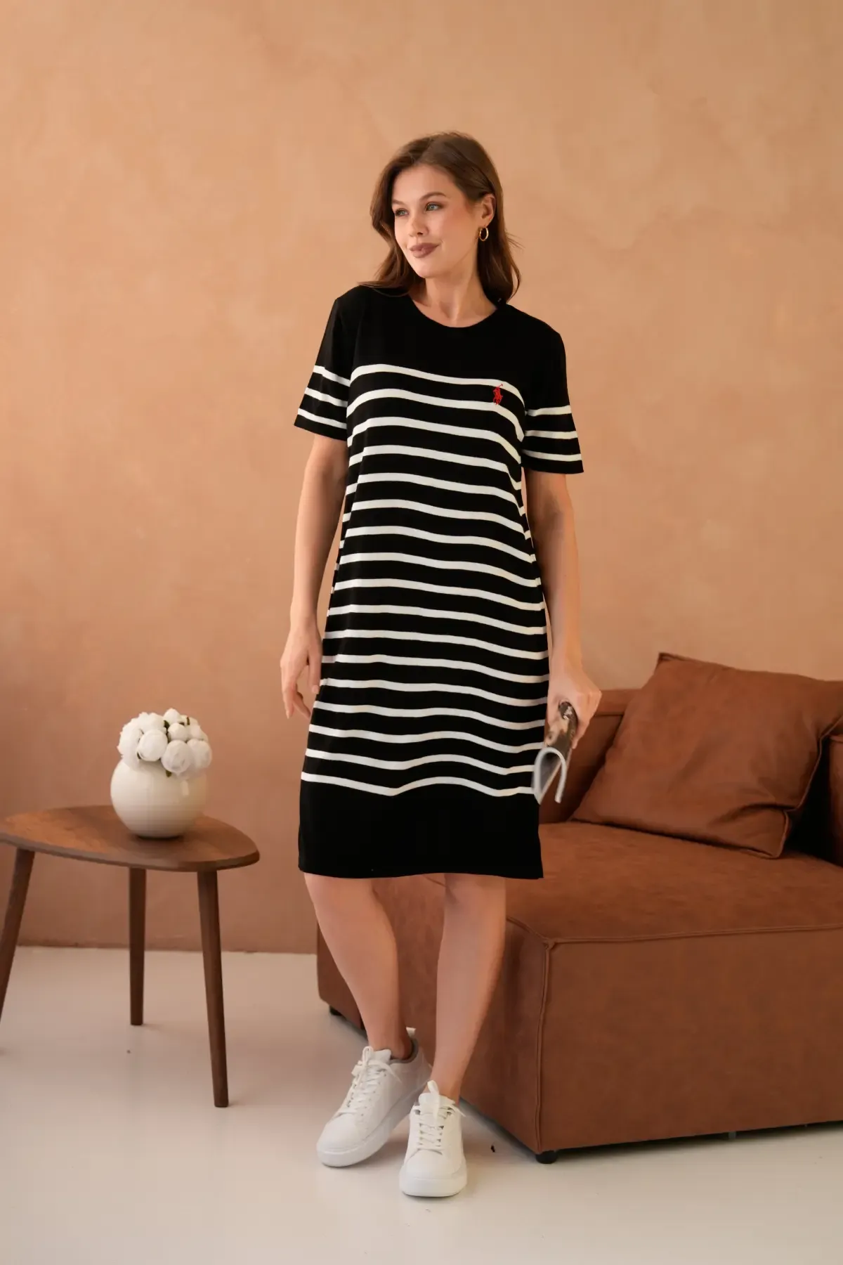 Kadın Bisiklet Yaka Çizgili Maksi Boy Triko Elbise 10029