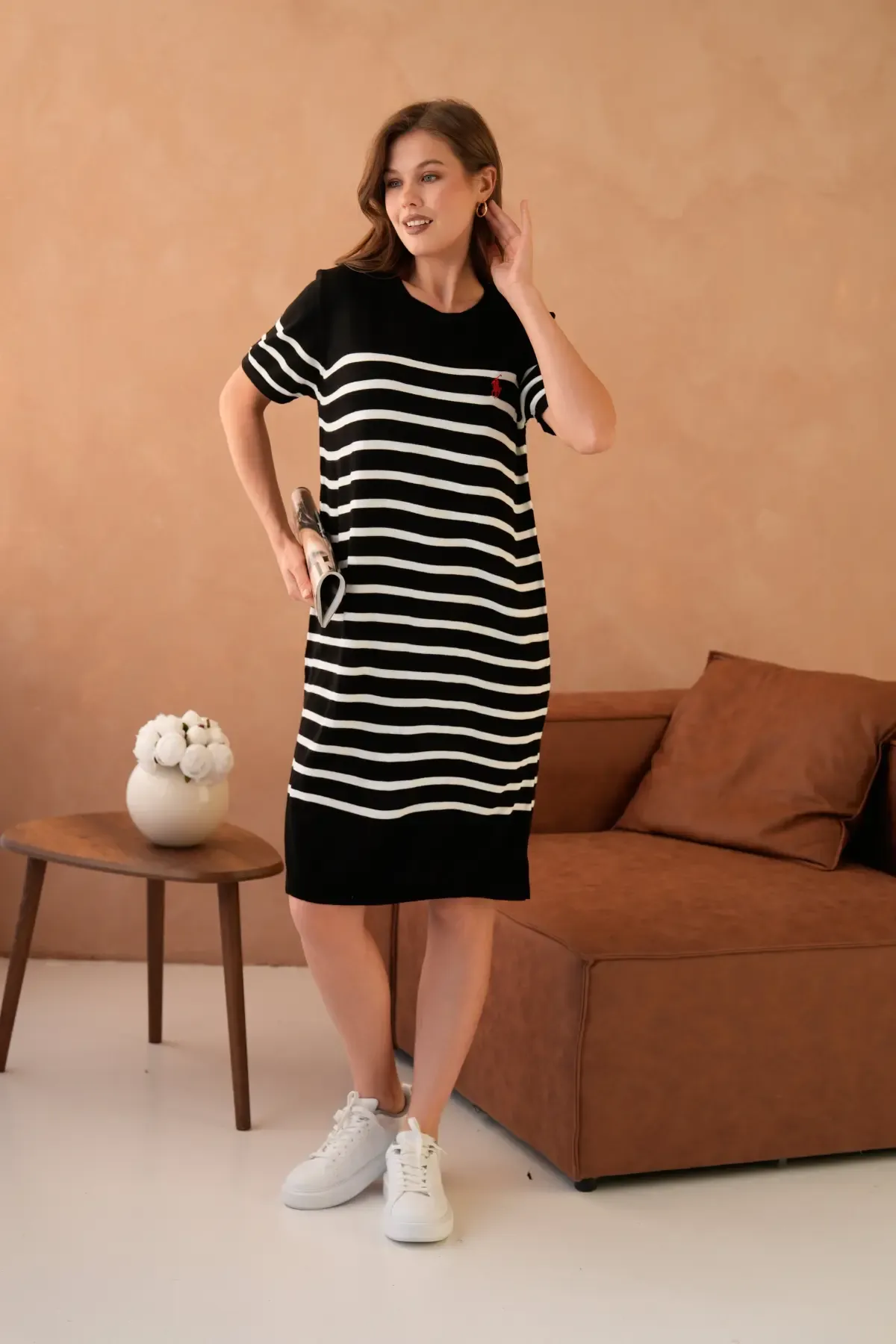 Kadın Bisiklet Yaka Çizgili Maksi Boy Triko Elbise 10029