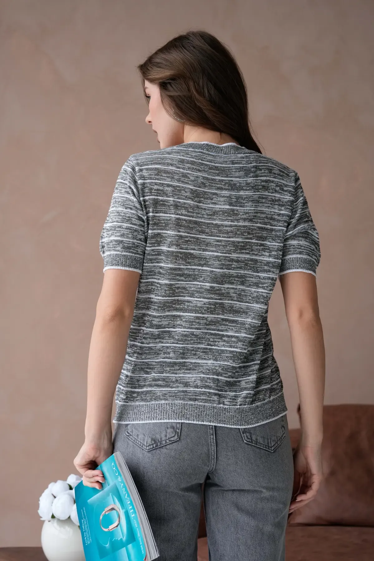 Kadın Bisiklet Yaka Çizgili Melanj Nakışlı Triko Kazak 10227Ctn