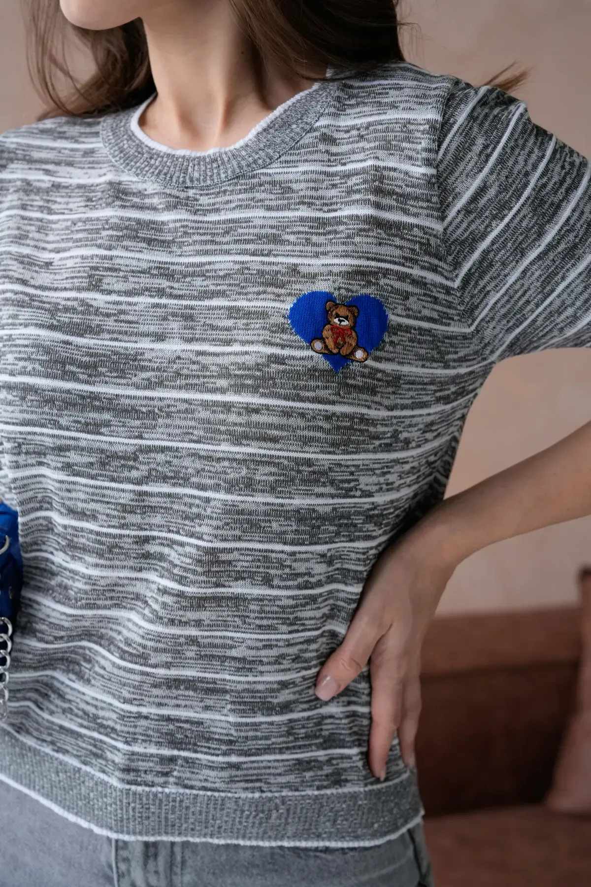 Kadın Bisiklet Yaka Çizgili Melanj Nakışlı Triko Kazak 10227Ctn