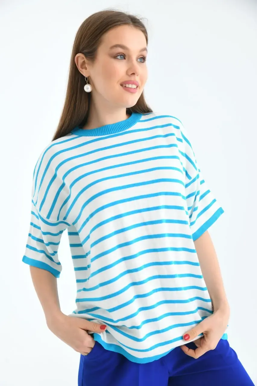 Kadın Bisiklet Yaka Çizgili Oversize Triko Kazak 10002