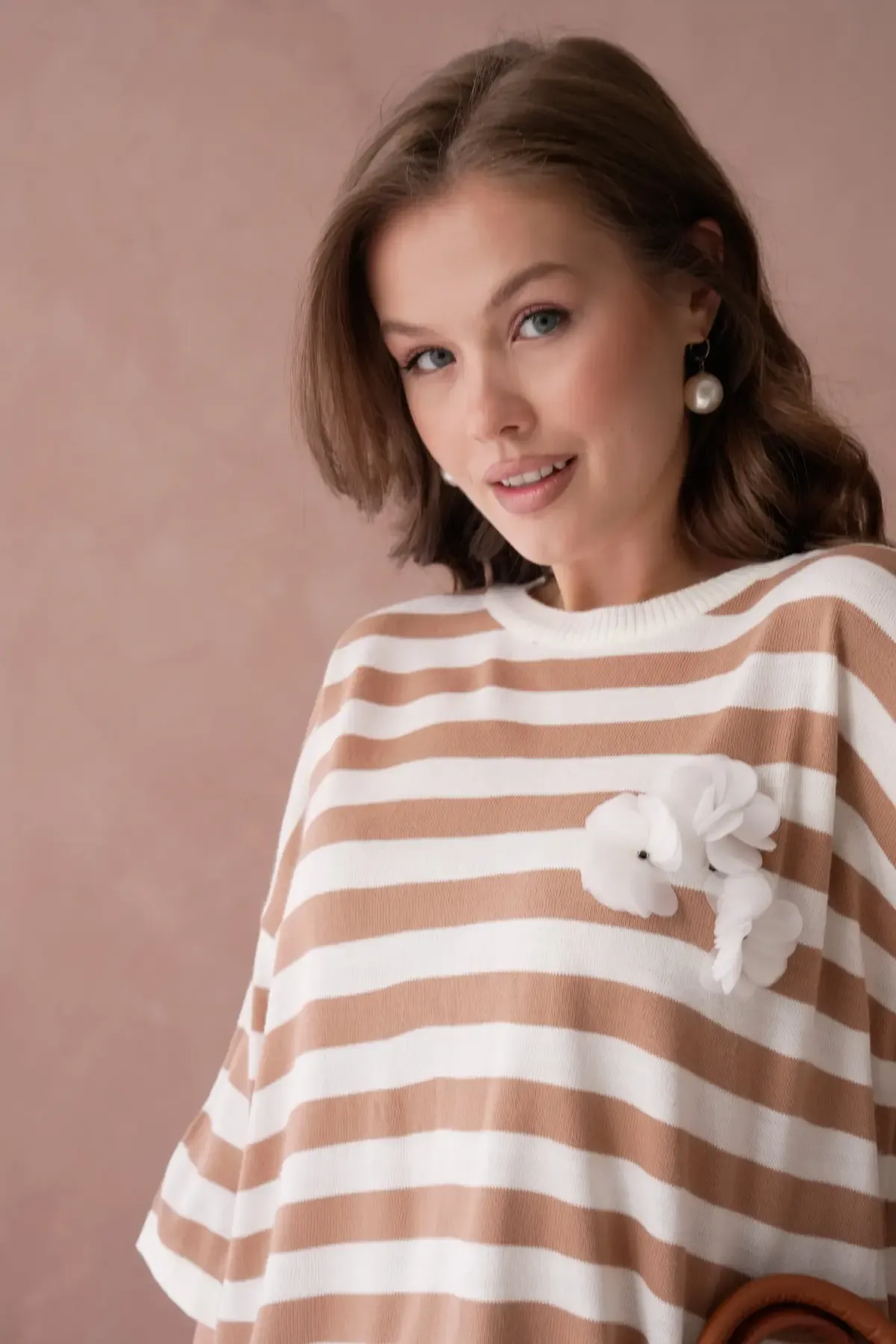 Kadın Bisiklet Yaka Çizgili Oversize Uzun Triko Kazak 10075