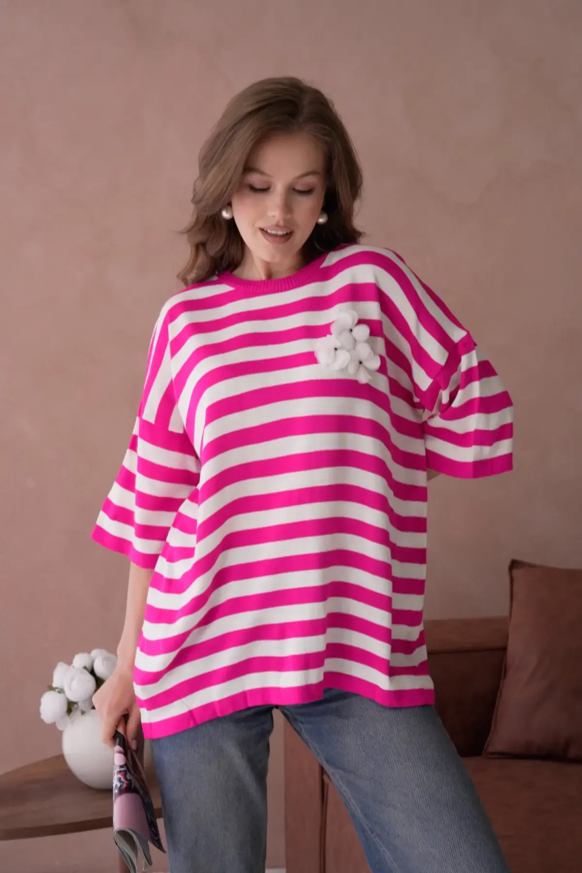 Kadın Bisiklet Yaka Çizgili Oversize Uzun Triko Kazak 10075