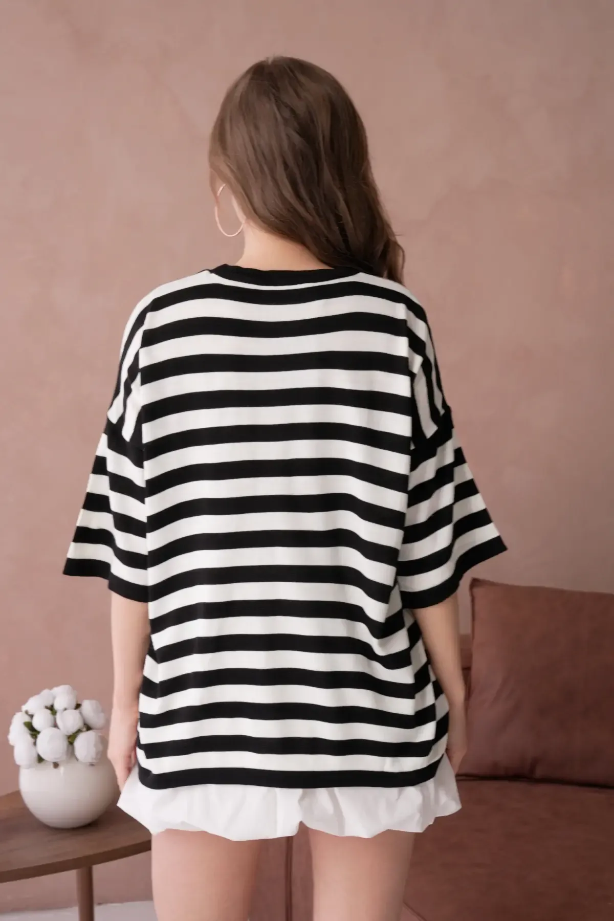 Kadın Bisiklet Yaka Çizgili Oversize Uzun Triko Kazak 10075