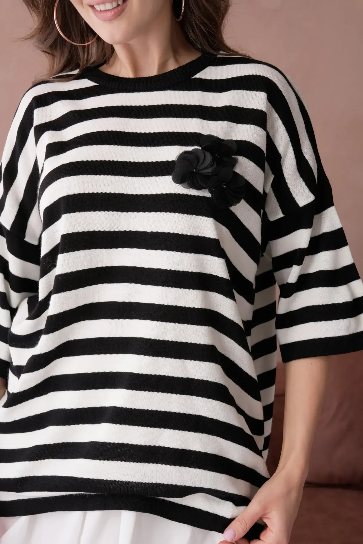 Kadın Bisiklet Yaka Çizgili Oversize Uzun Triko Kazak 10075