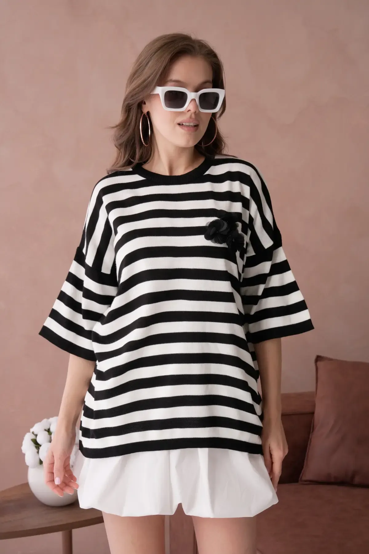 Kadın Bisiklet Yaka Çizgili Oversize Uzun Triko Kazak 10075