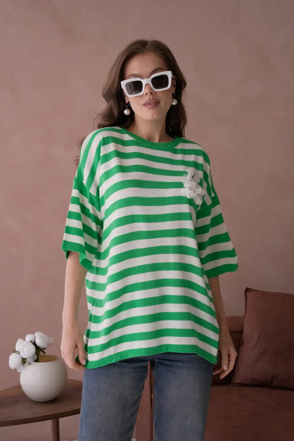 Kadın Bisiklet Yaka Çizgili Oversize Uzun Triko Kazak 10075