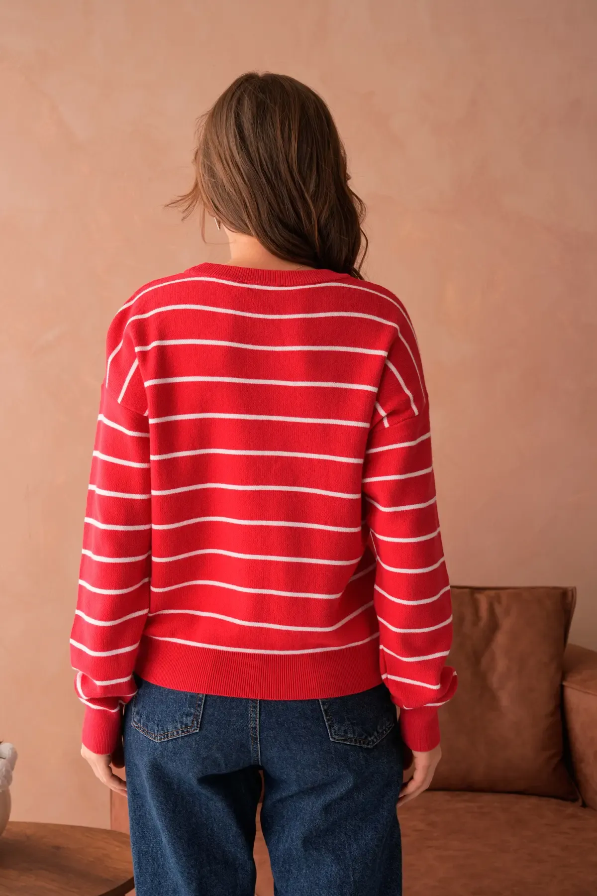 Kadın Bisiklet Yaka Çizgili Premium İplik Triko Kazak 10268.Crs