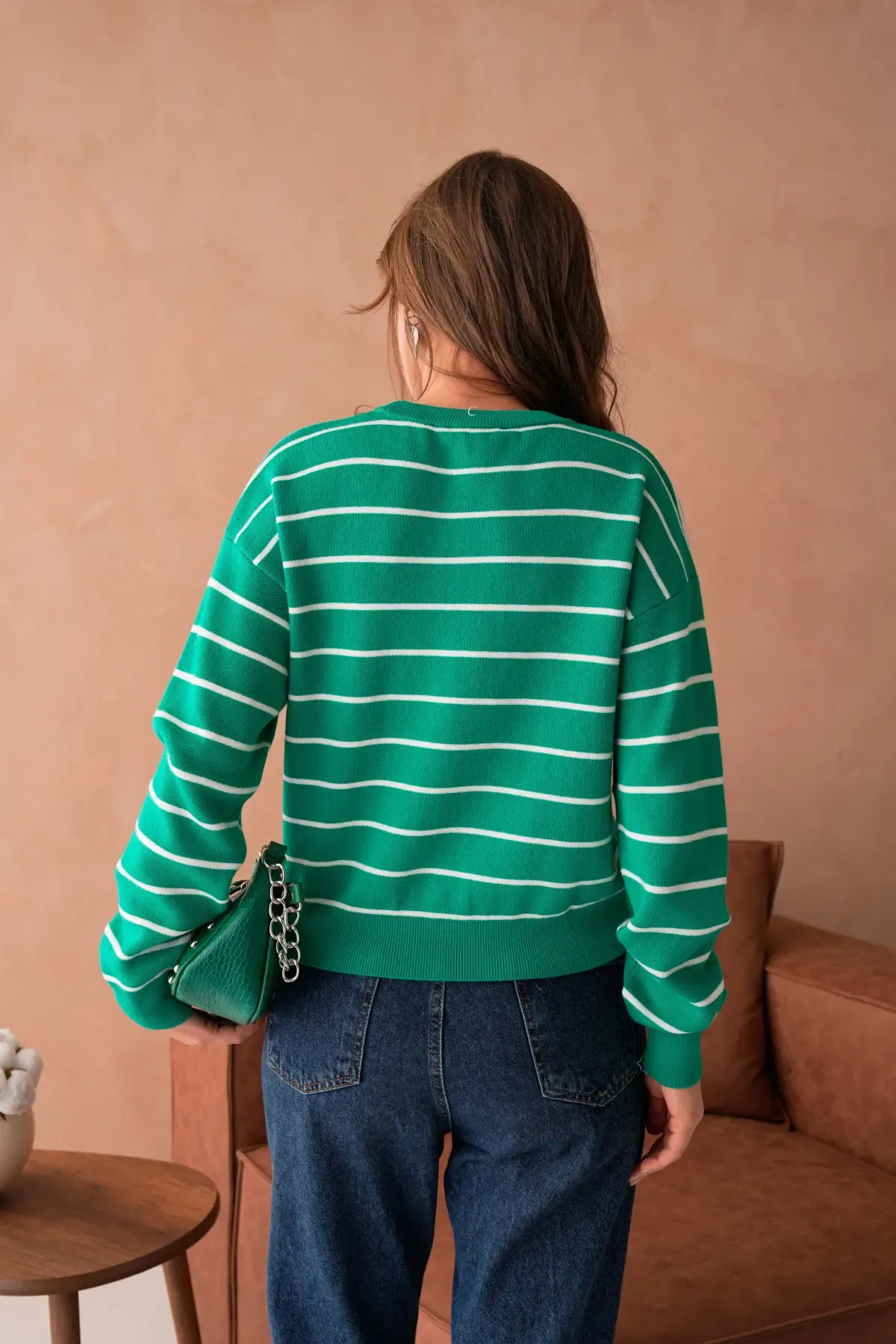 Kadın Bisiklet Yaka Çizgili Premium İplik Triko Kazak 10268.Crs