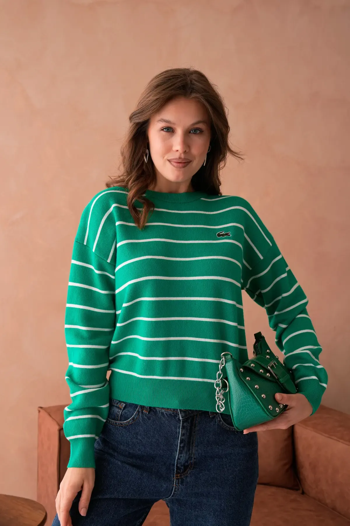 Kadın Bisiklet Yaka Çizgili Premium İplik Triko Kazak 10268.Crs