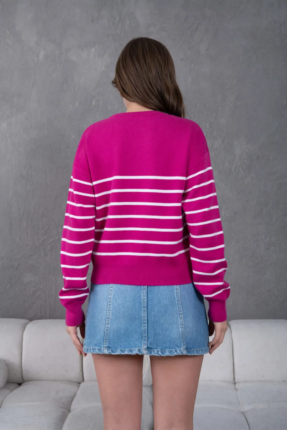 Kadın Bisiklet Yaka Çizgili Premium İplik Triko Kazak 10274.Crs