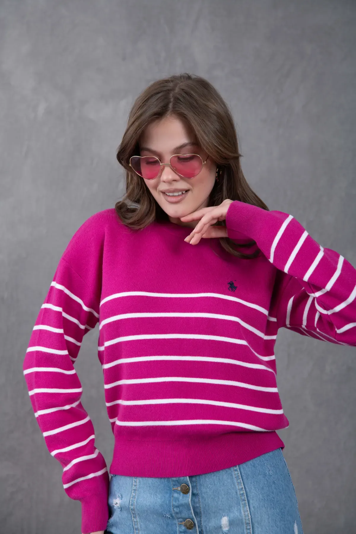 Kadın Bisiklet Yaka Çizgili Premium İplik Triko Kazak 10274.Crs