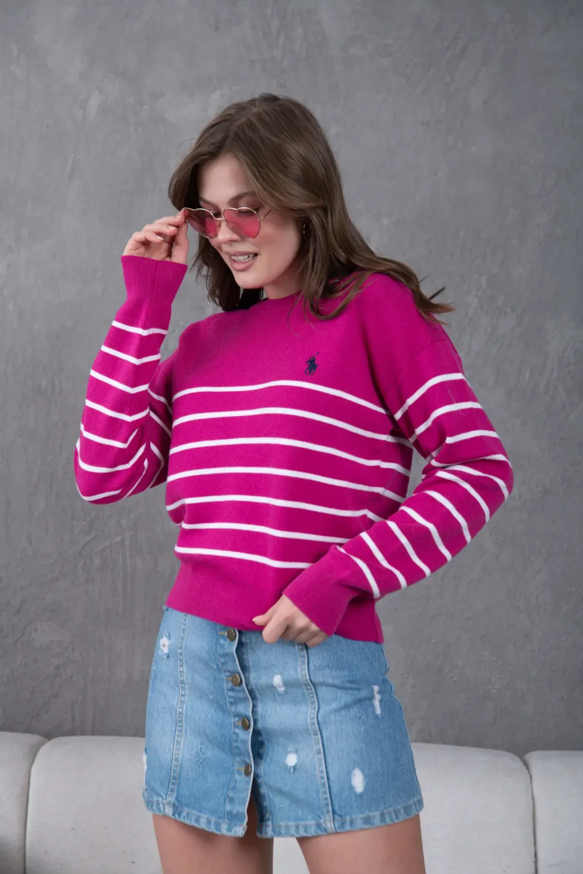 Kadın Bisiklet Yaka Çizgili Premium İplik Triko Kazak 10274.Crs