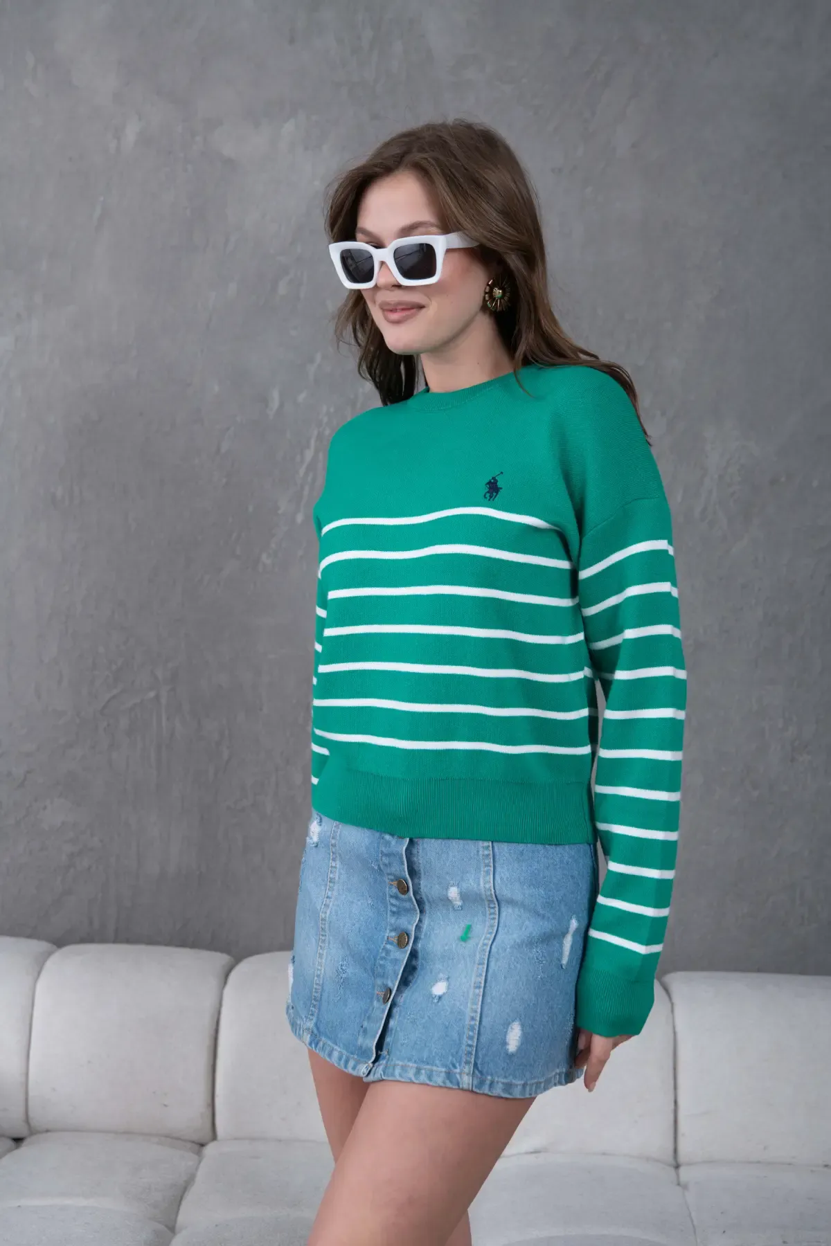 Kadın Bisiklet Yaka Çizgili Premium İplik Triko Kazak 10274.Crs