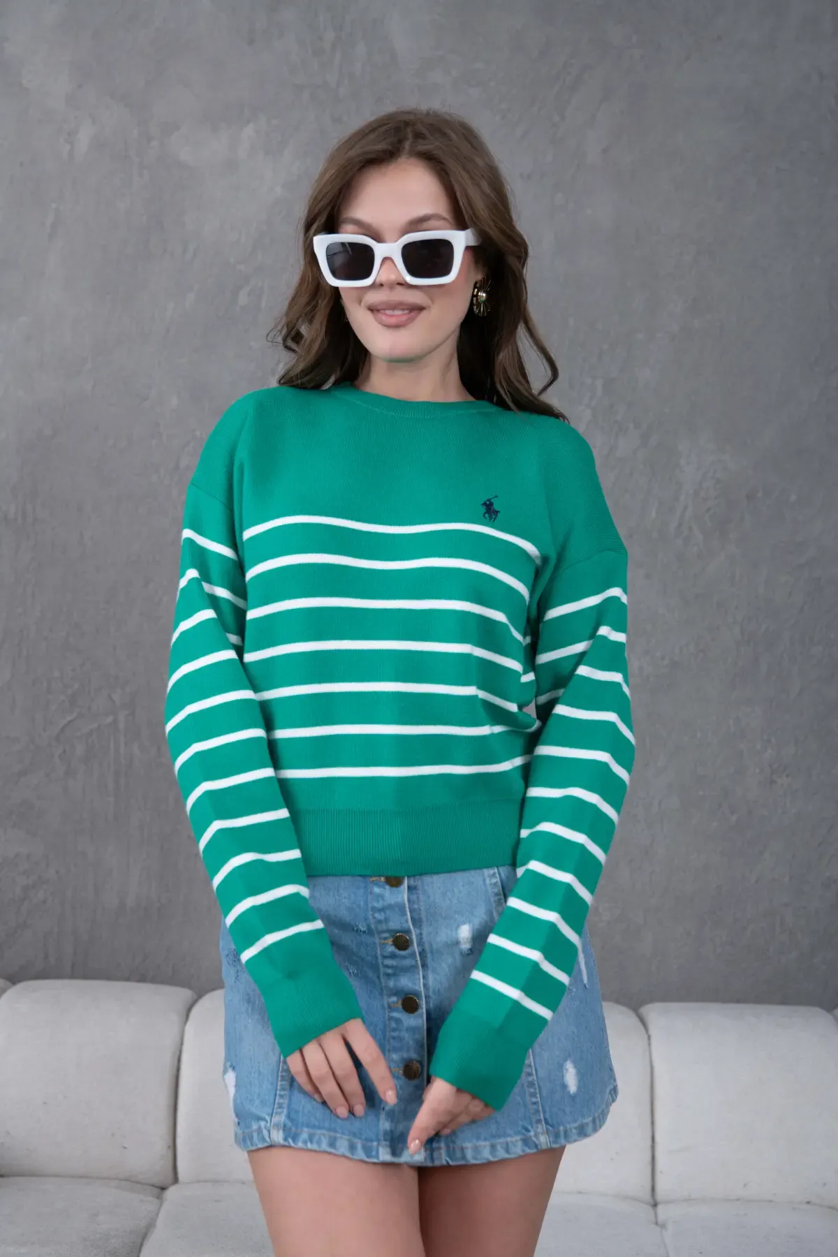 Kadın Bisiklet Yaka Çizgili Premium İplik Triko Kazak 10274.Crs