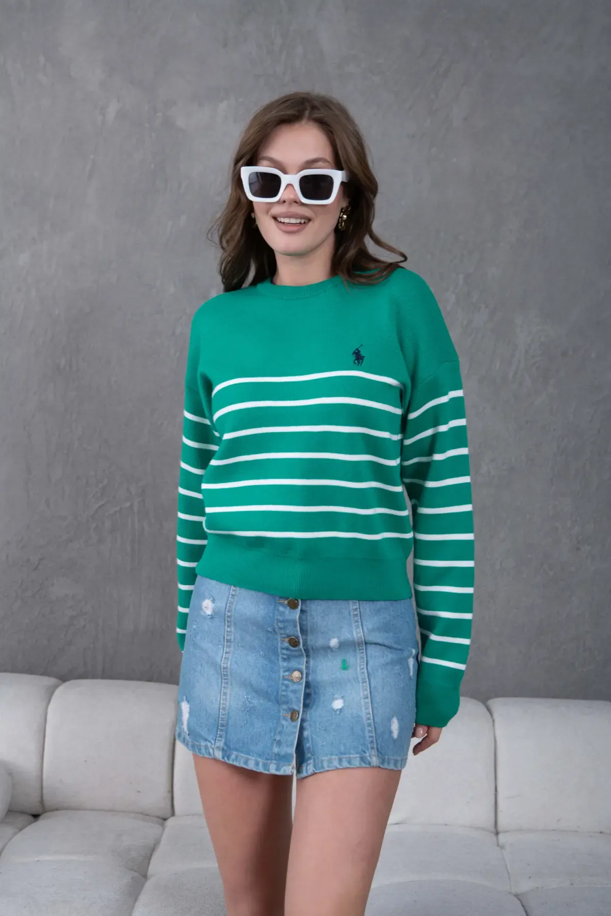 Kadın Bisiklet Yaka Çizgili Premium İplik Triko Kazak 10274.Crs