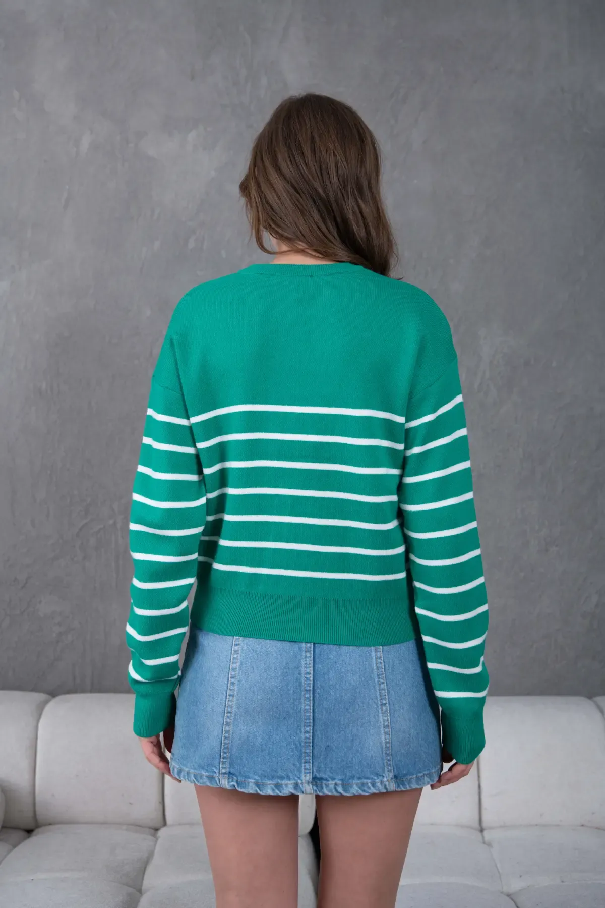 Kadın Bisiklet Yaka Çizgili Premium İplik Triko Kazak 10274.Crs