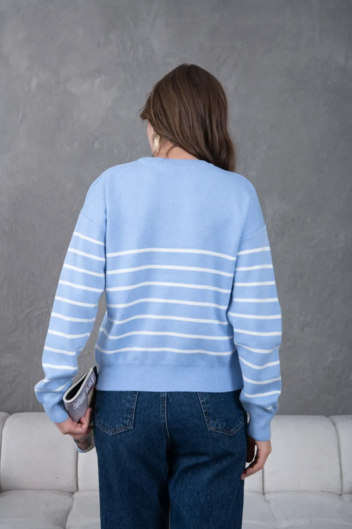 Kadın Bisiklet Yaka Çizgili Premium İplik Triko Kazak 10274.Crs