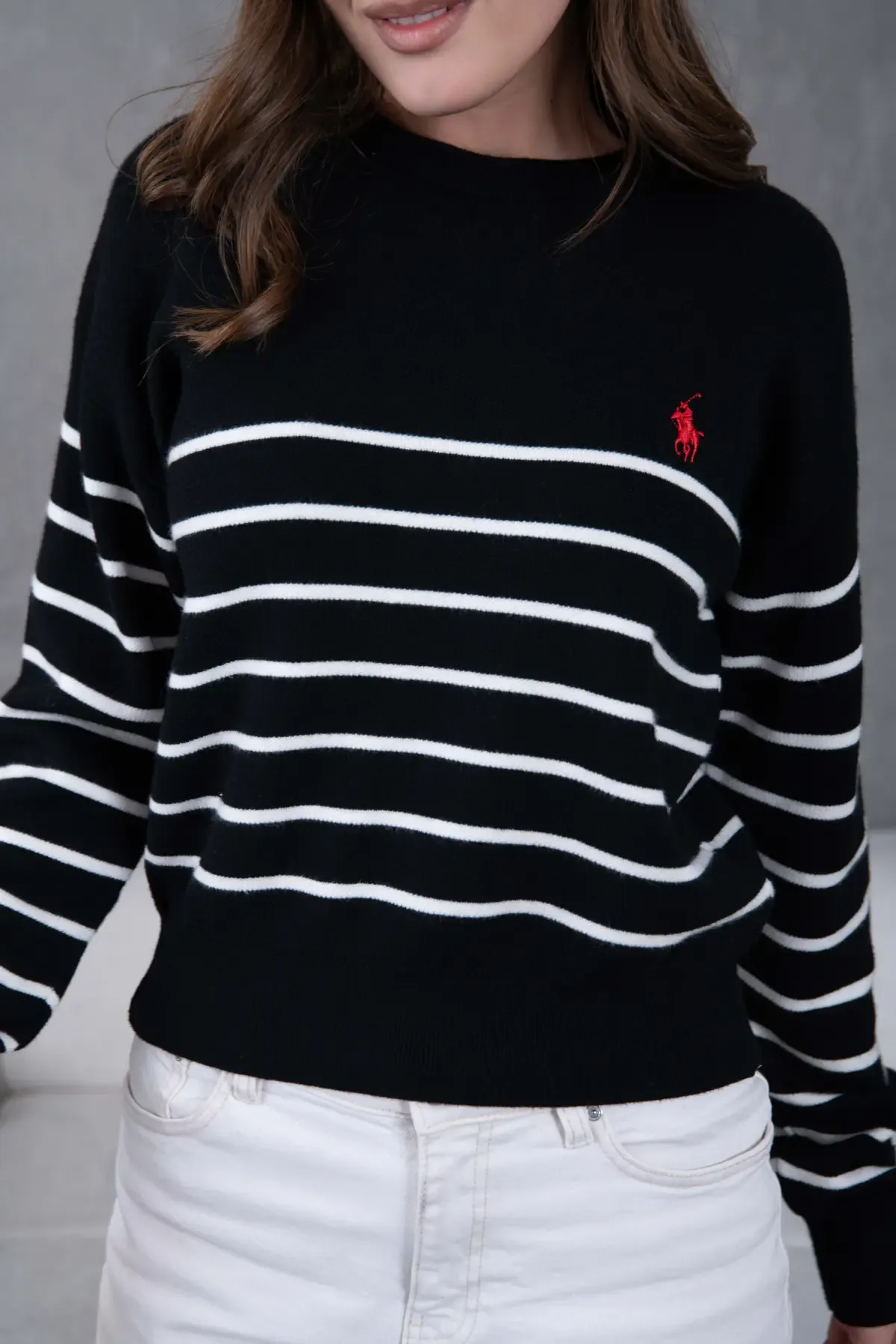 Kadın Bisiklet Yaka Çizgili Premium İplik Triko Kazak 10274.Crs