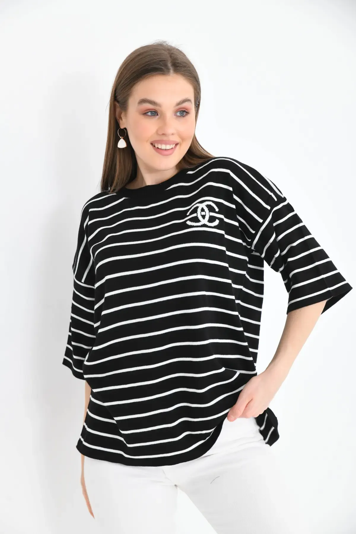 Kadın Bisiklet Yaka Çİzgili Salaş Triko Kazak 10133