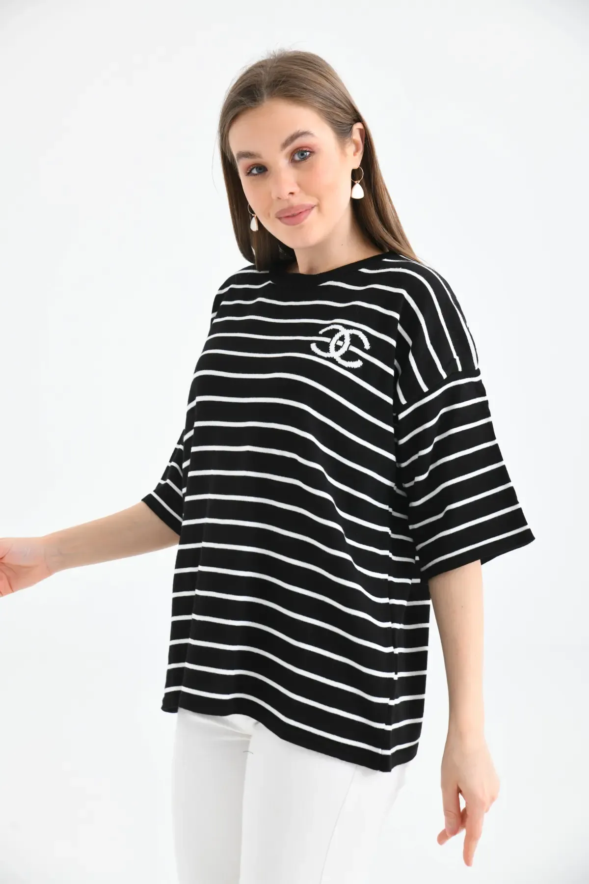 Kadın Bisiklet Yaka Çİzgili Salaş Triko Kazak 10133