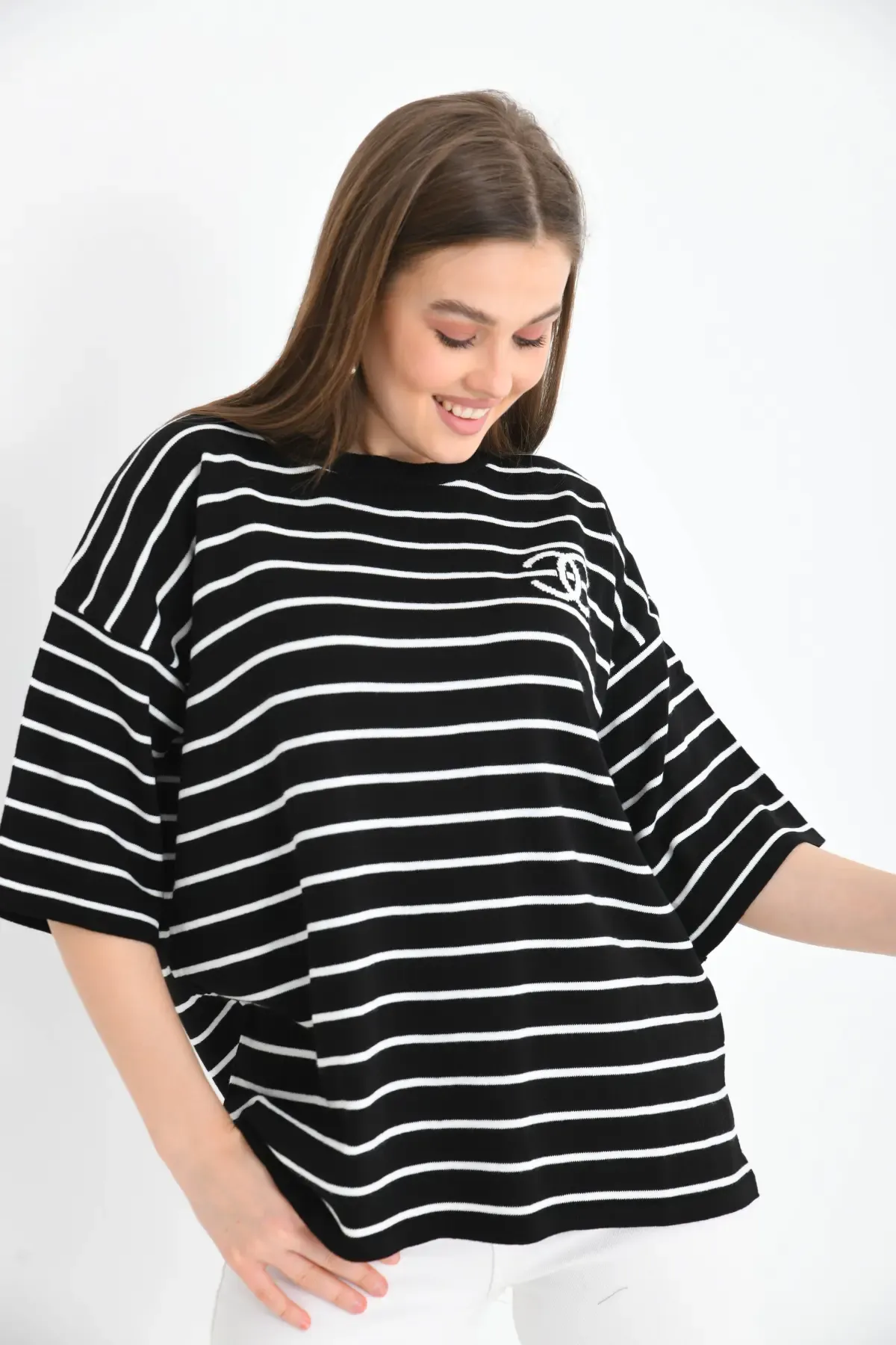 Kadın Bisiklet Yaka Çİzgili Salaş Triko Kazak 10133