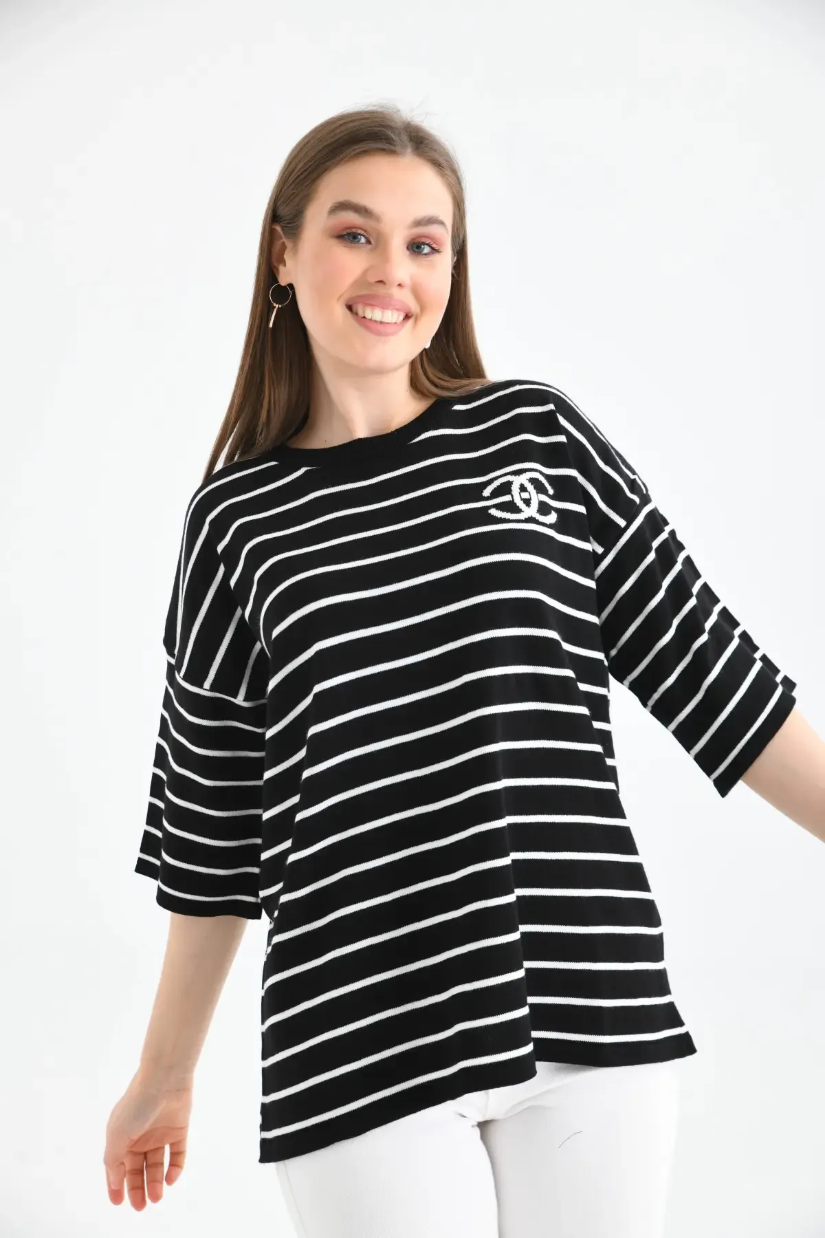 Kadın Bisiklet Yaka Çİzgili Salaş Triko Kazak 10133