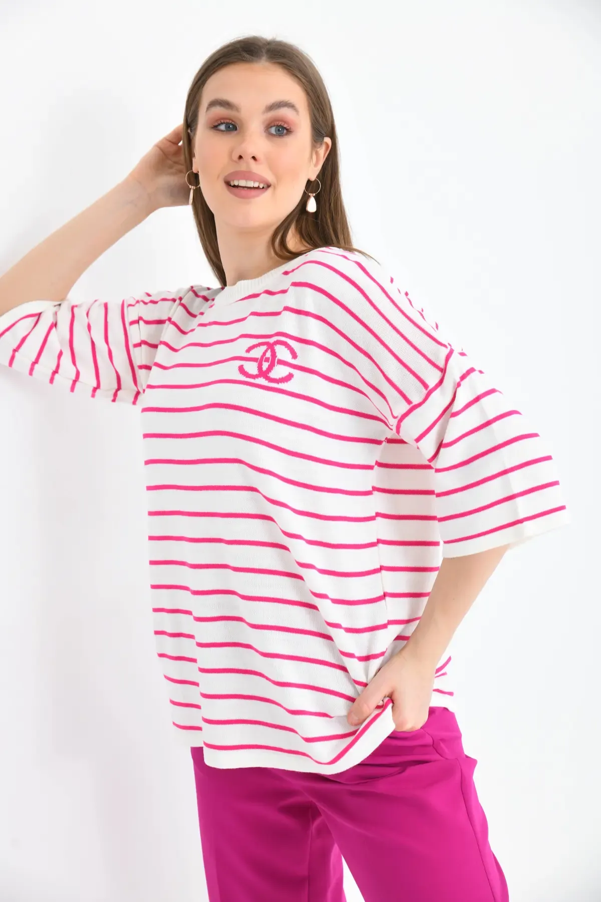 Kadın Bisiklet Yaka Çİzgili Salaş Triko Kazak 10133