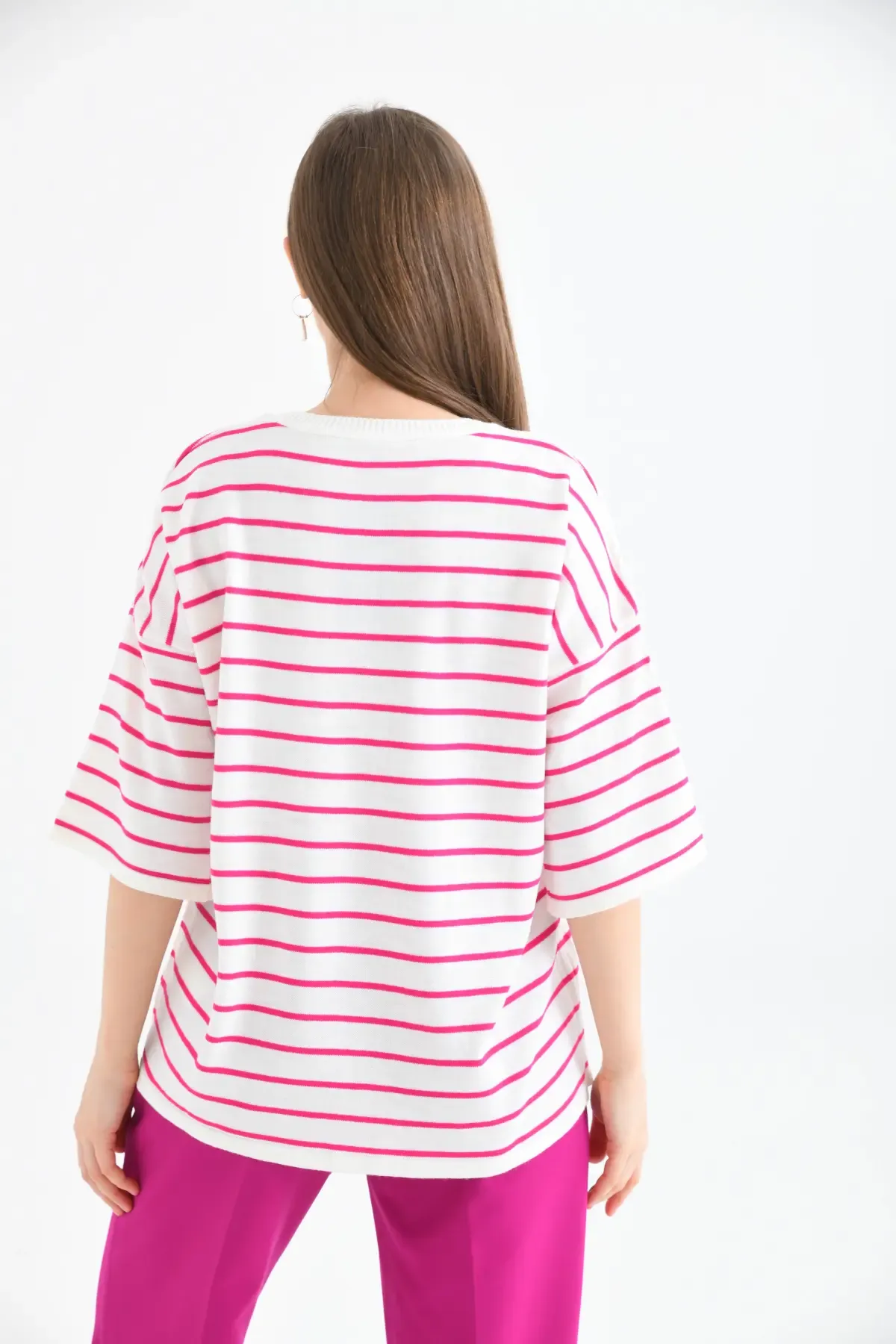 Kadın Bisiklet Yaka Çİzgili Salaş Triko Kazak 10133