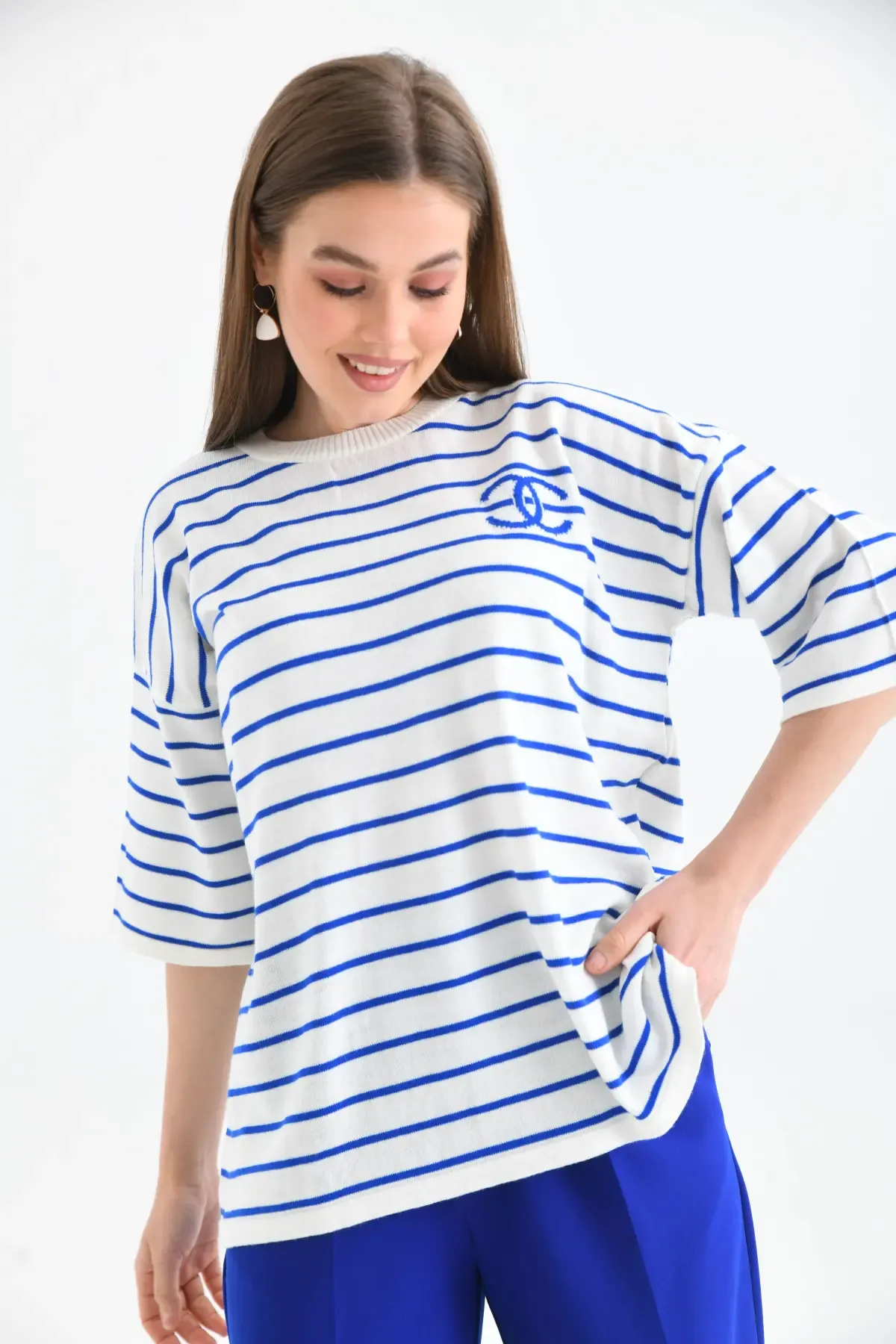 Kadın Bisiklet Yaka Çİzgili Salaş Triko Kazak 10133