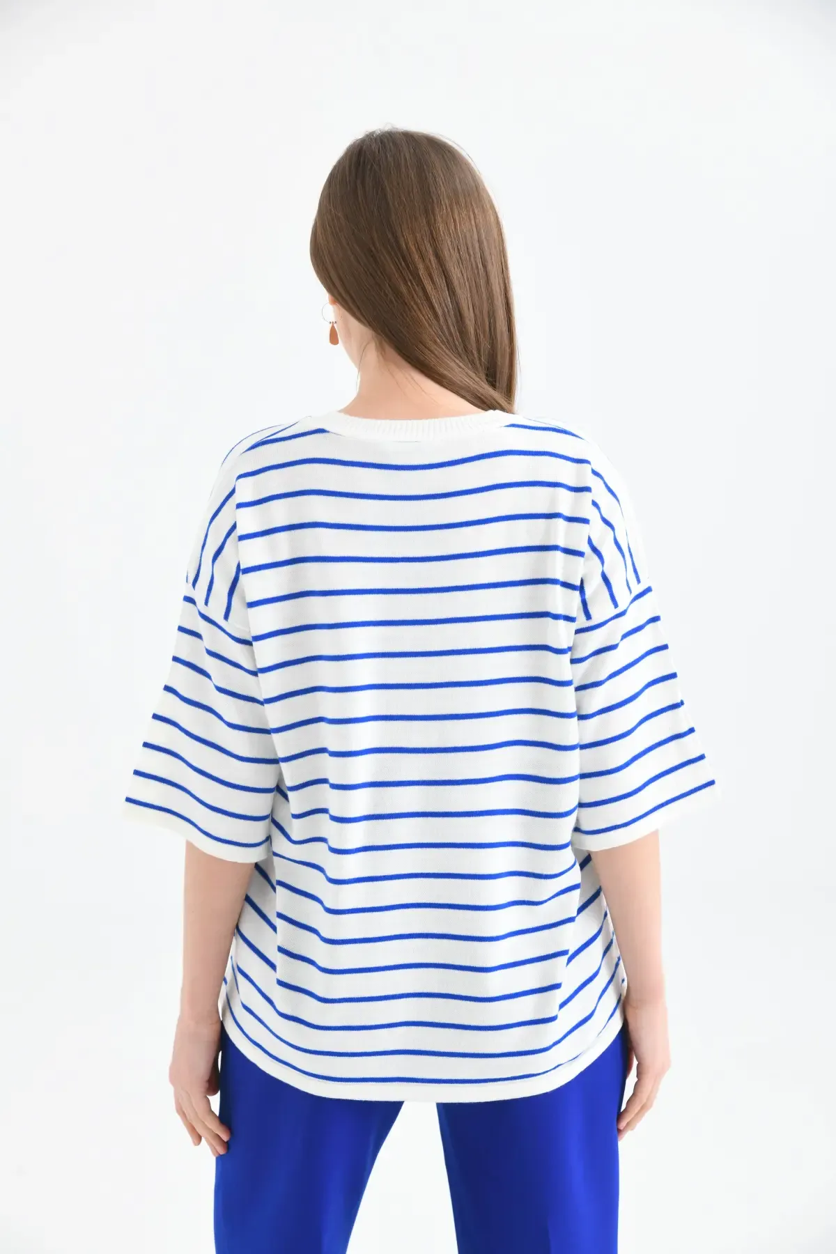 Kadın Bisiklet Yaka Çİzgili Salaş Triko Kazak 10133