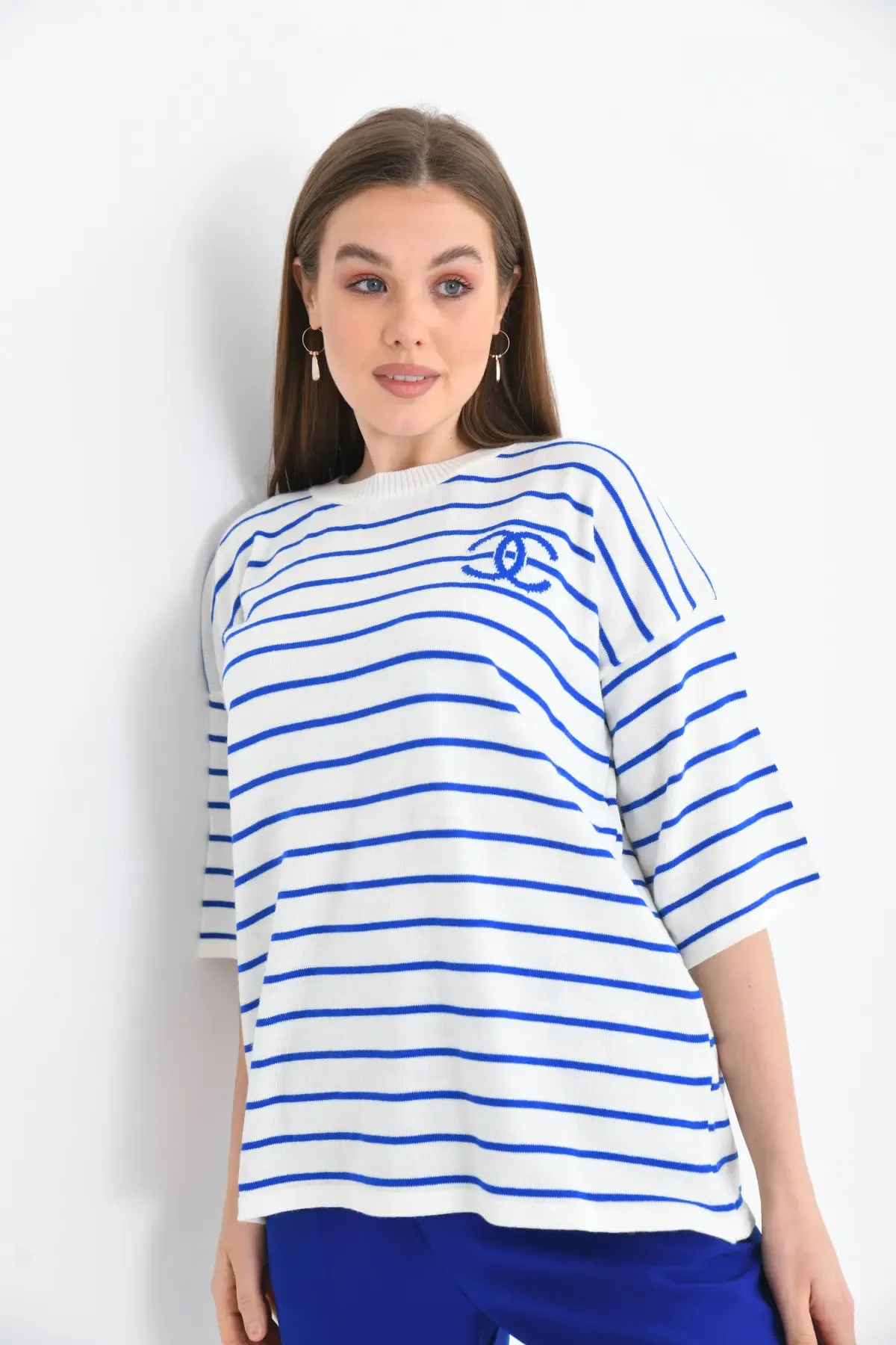 Kadın Bisiklet Yaka Çİzgili Salaş Triko Kazak 10133