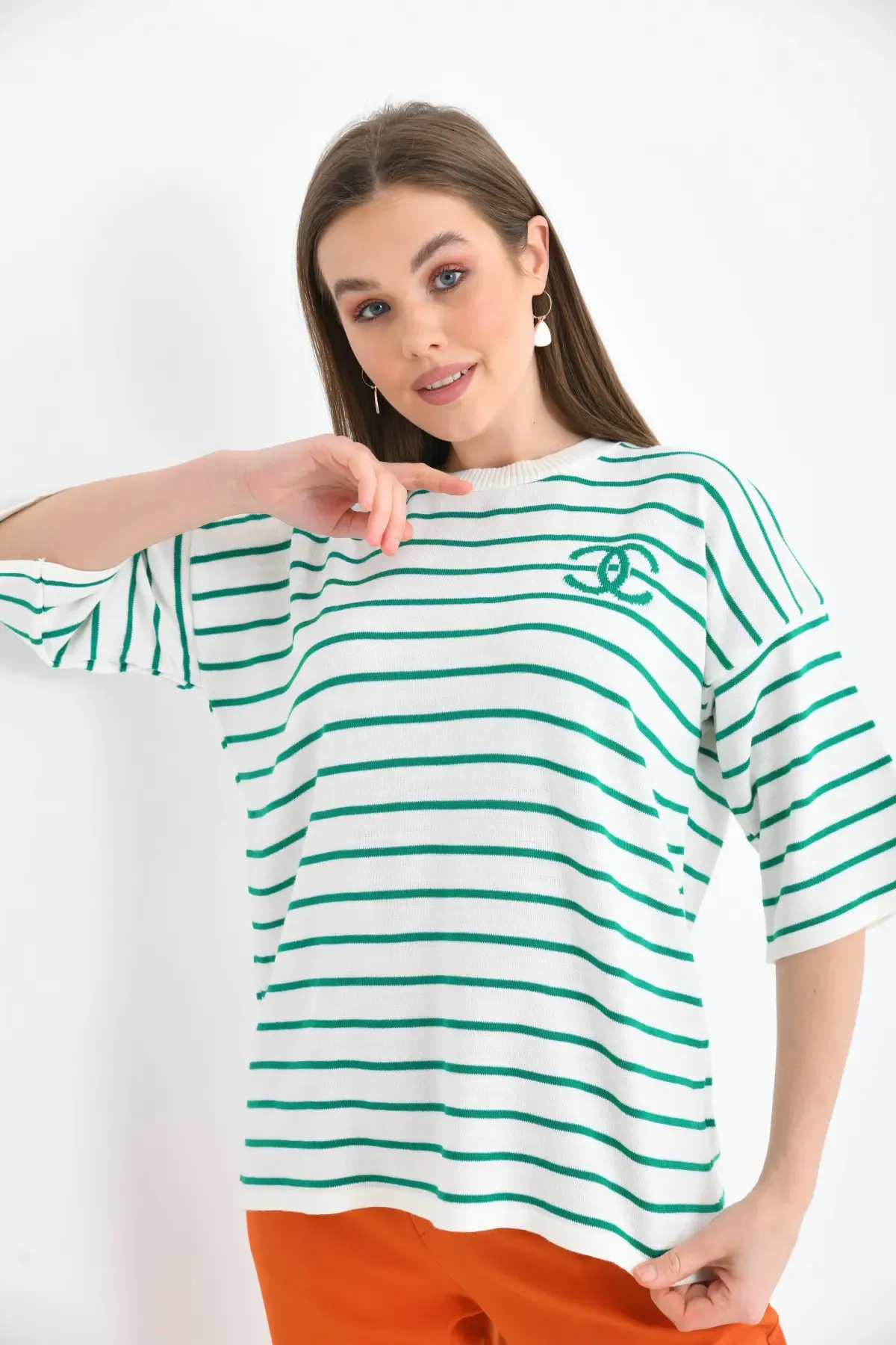 Kadın Bisiklet Yaka Çİzgili Salaş Triko Kazak 10133