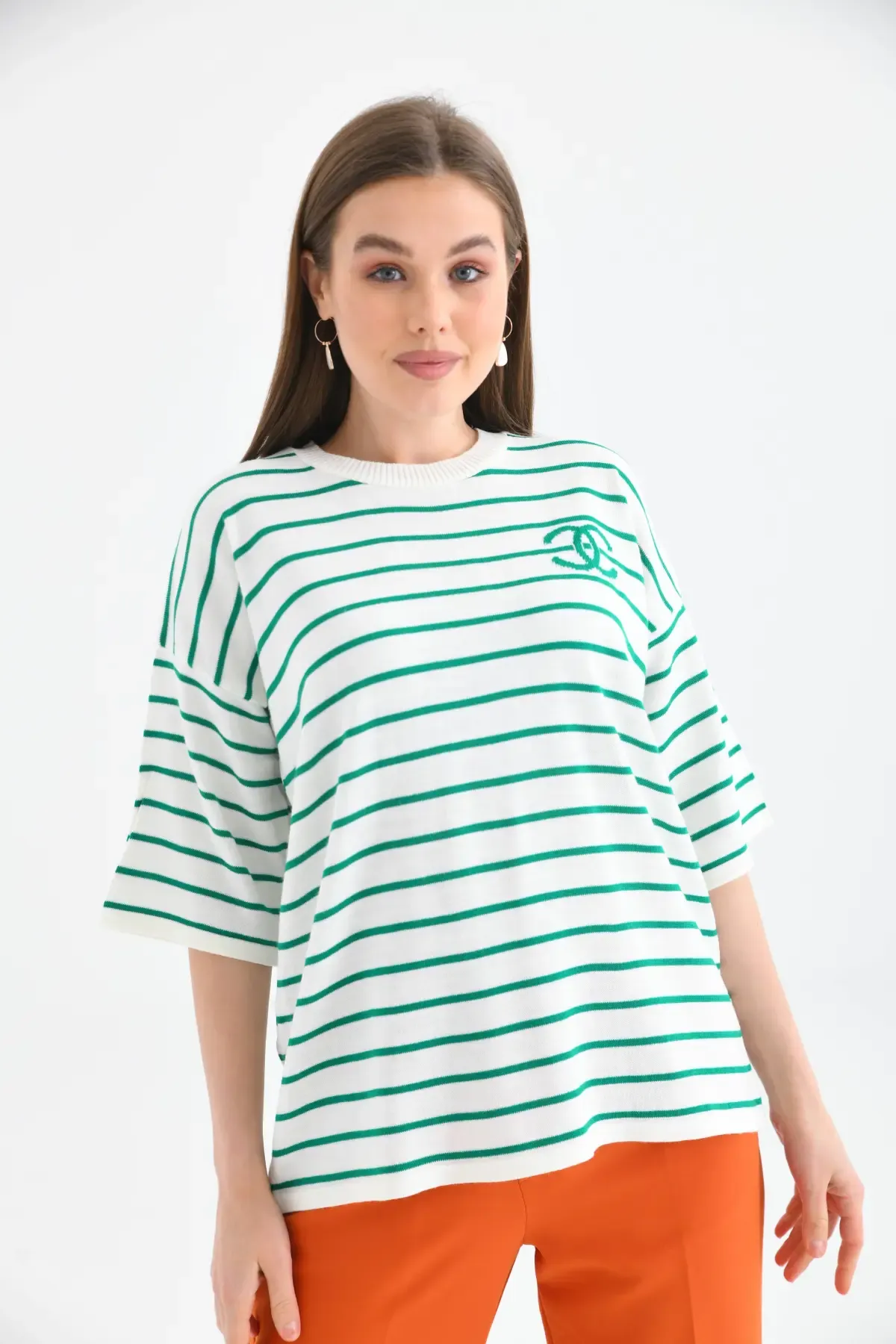 Kadın Bisiklet Yaka Çİzgili Salaş Triko Kazak 10133