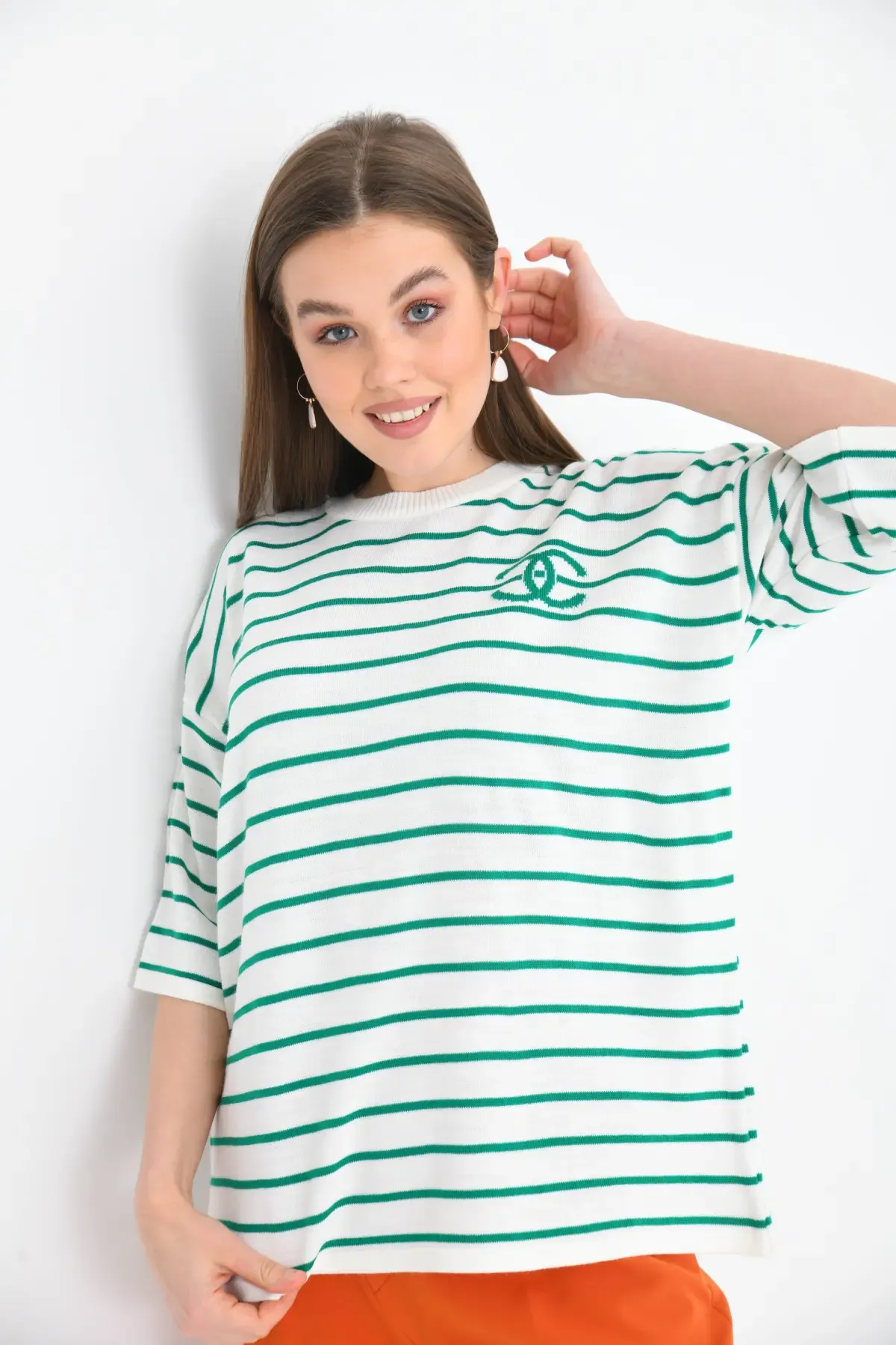 Kadın Bisiklet Yaka Çİzgili Salaş Triko Kazak 10133