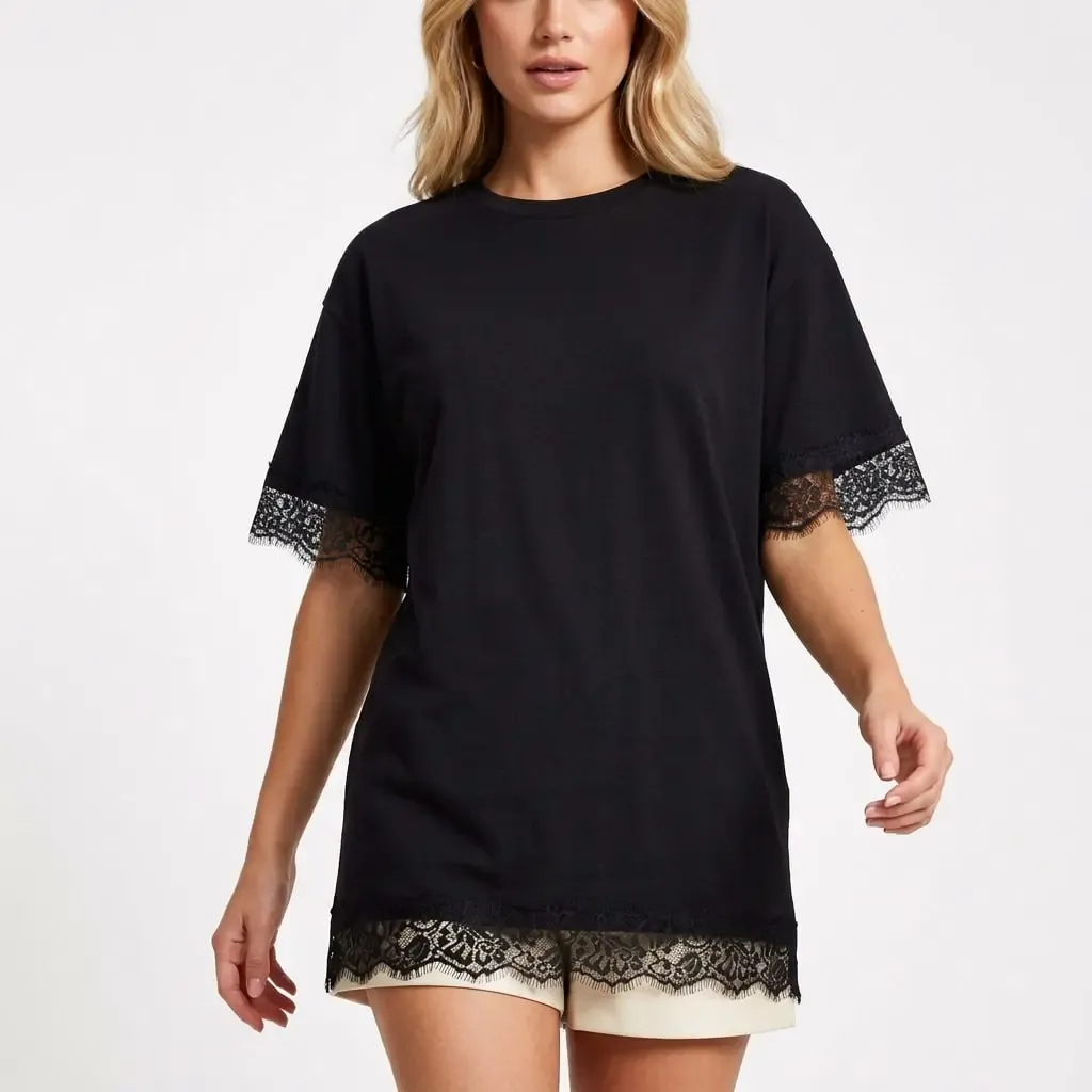 Kadın Bisiklet Yaka Dantel Detay Oversize Penye Bluz 26005