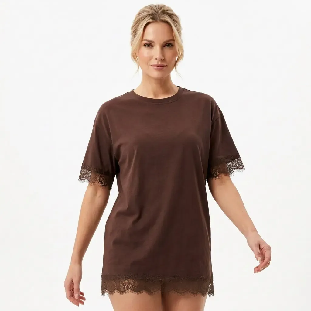 Kadın Bisiklet Yaka Dantel Detay Oversize Penye Bluz 26005