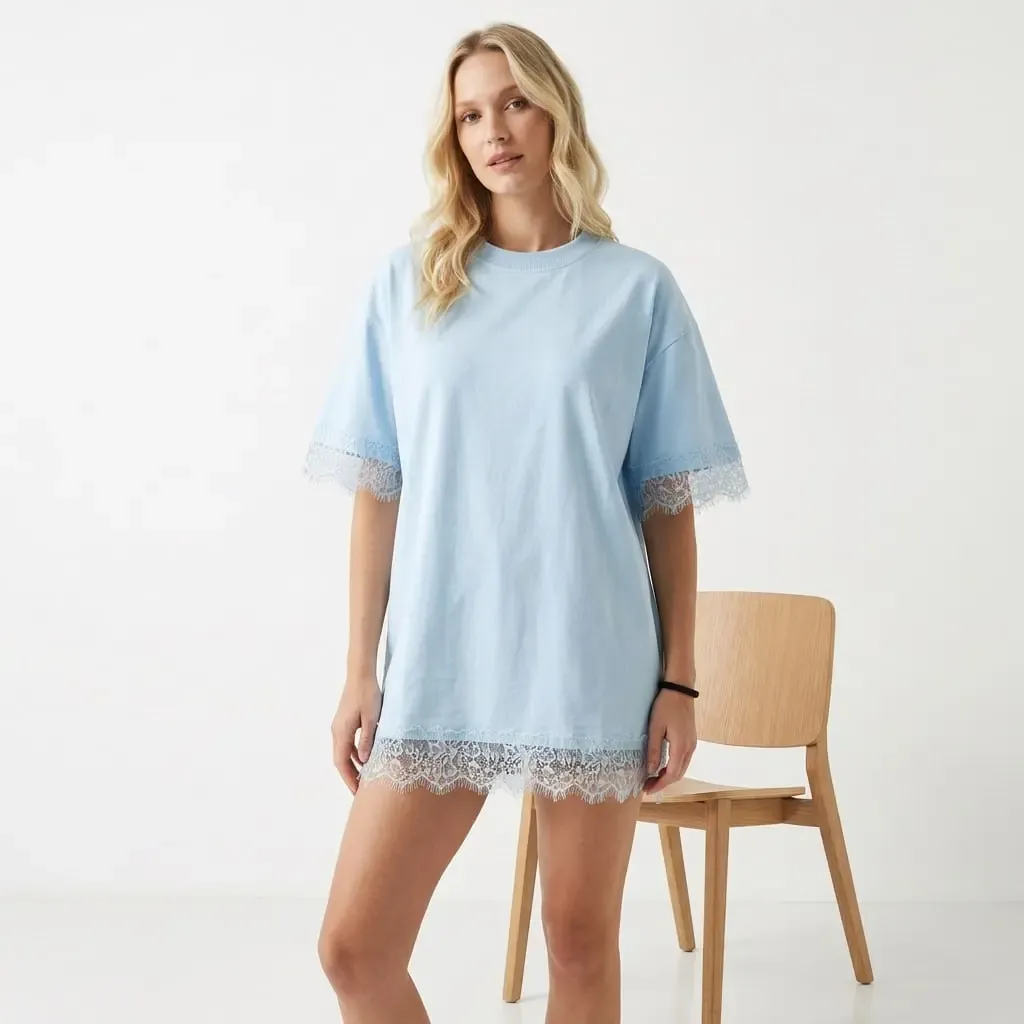 Kadın Bisiklet Yaka Dantel Detay Oversize Penye Bluz 26005