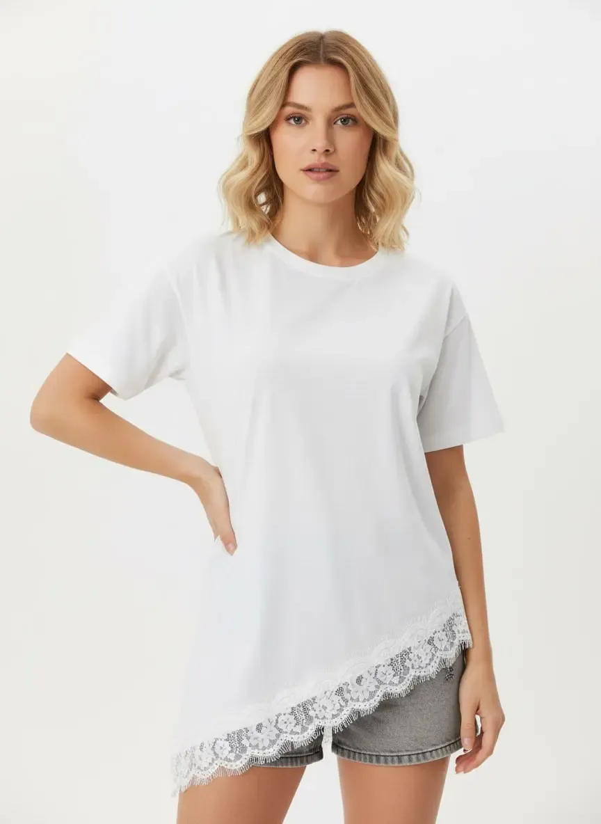 Kadın Bisiklet Yaka Dantel Detay Penye Bluz 26007