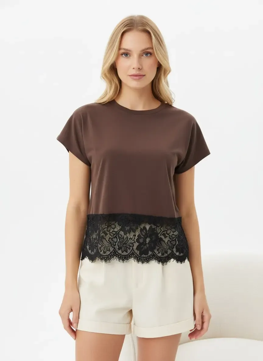 26018 %100 Pamuk Bisiklet Yaka Dantel Detay Penye Bluz 26018