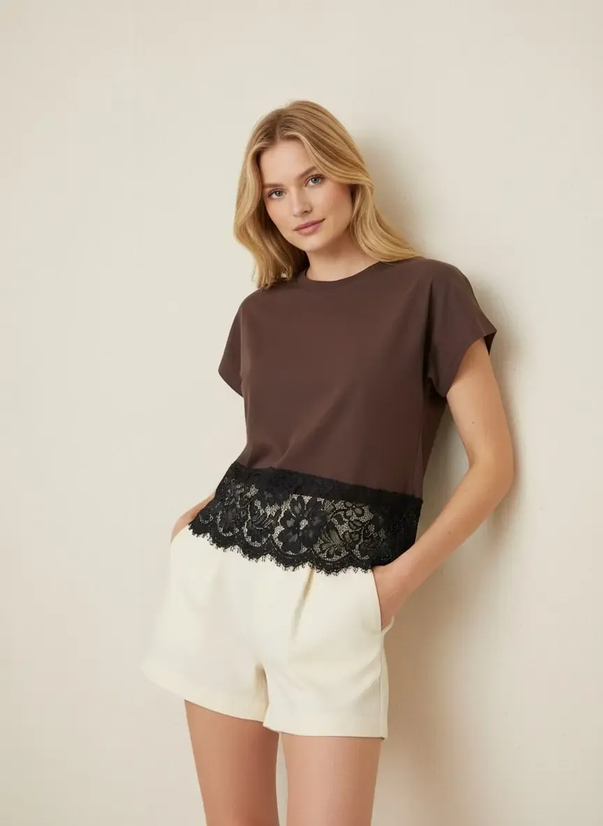 26018 %100 Pamuk Bisiklet Yaka Dantel Detay Penye Bluz 26018