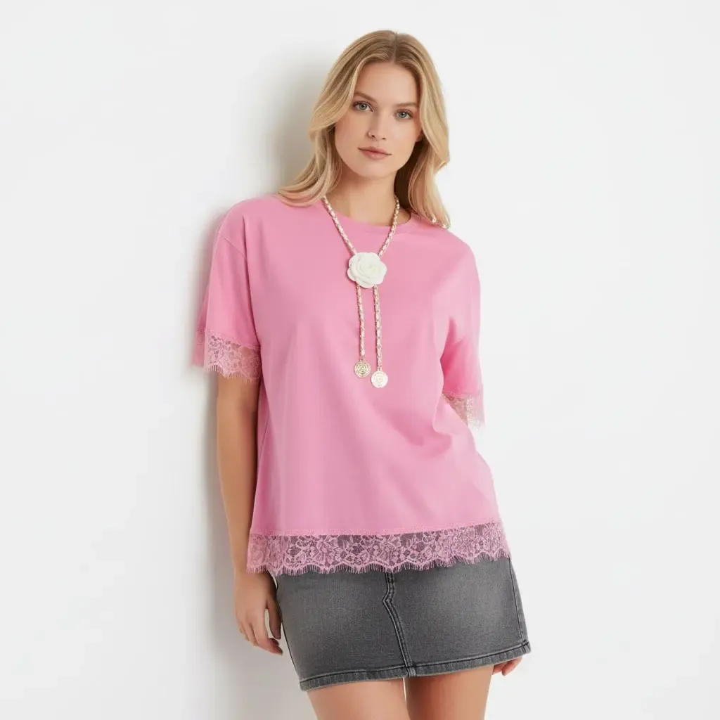 26006 %100 Pamuk Bisiklet Yaka Dantel Detay Salaş Penye Bluz